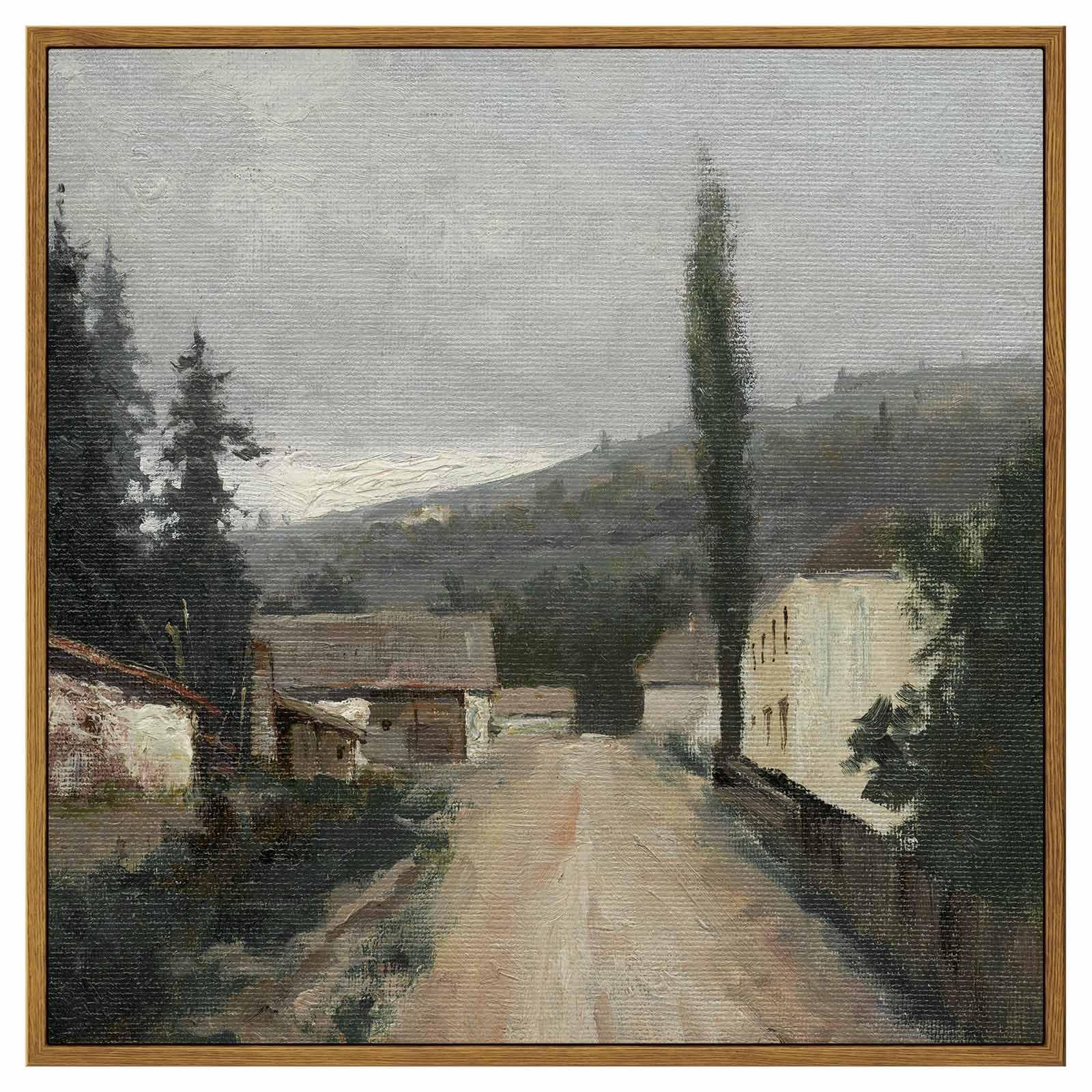 Insimsea Square Framed Canvas Wall Art, Vintage Village Paintings, Rustic Scenery Wall Pictures For Bedroom Bathroom Living Room