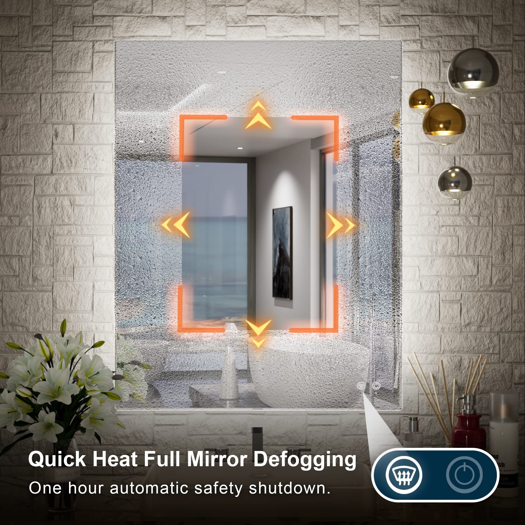 TETOTE 24x32 LED Backlit Mirror Bathroom with Light 3Color White/Warm/Natural Anti-Fog Lighted Mirror Dimmable Vanity Mirror Wall Mounted