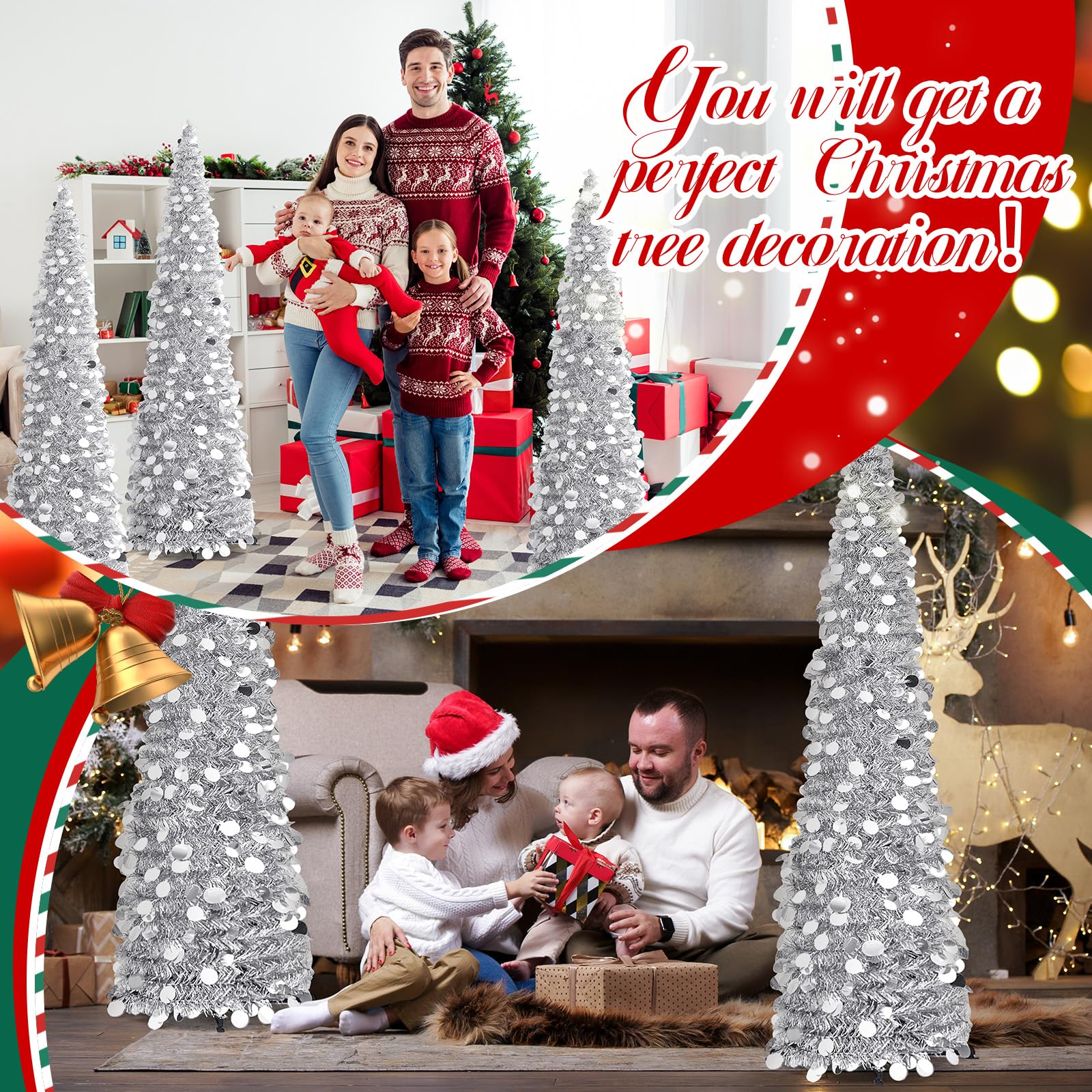 Leyndo 6 Pcs 5 ft Collapsible Artificial Christmas Tree Pop up White Sequined Tinsel Pencil Skinny Xmas Tree for Home Fireplace