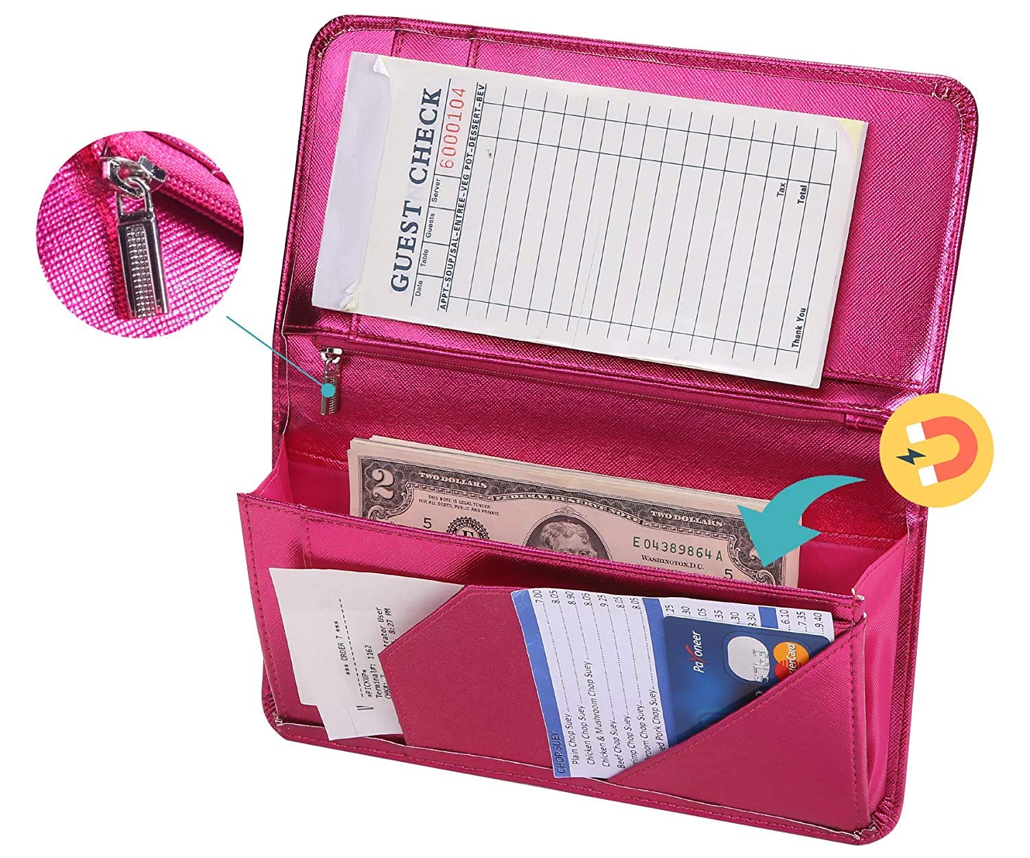 4.7 X 9 Hot Pink Server Book for Waitress Book with Money Pocket and Magnetic Closure  Restaurant Waitstaff Organizer with Zipper Pocket Fit Server Apron with High Volume Pocket