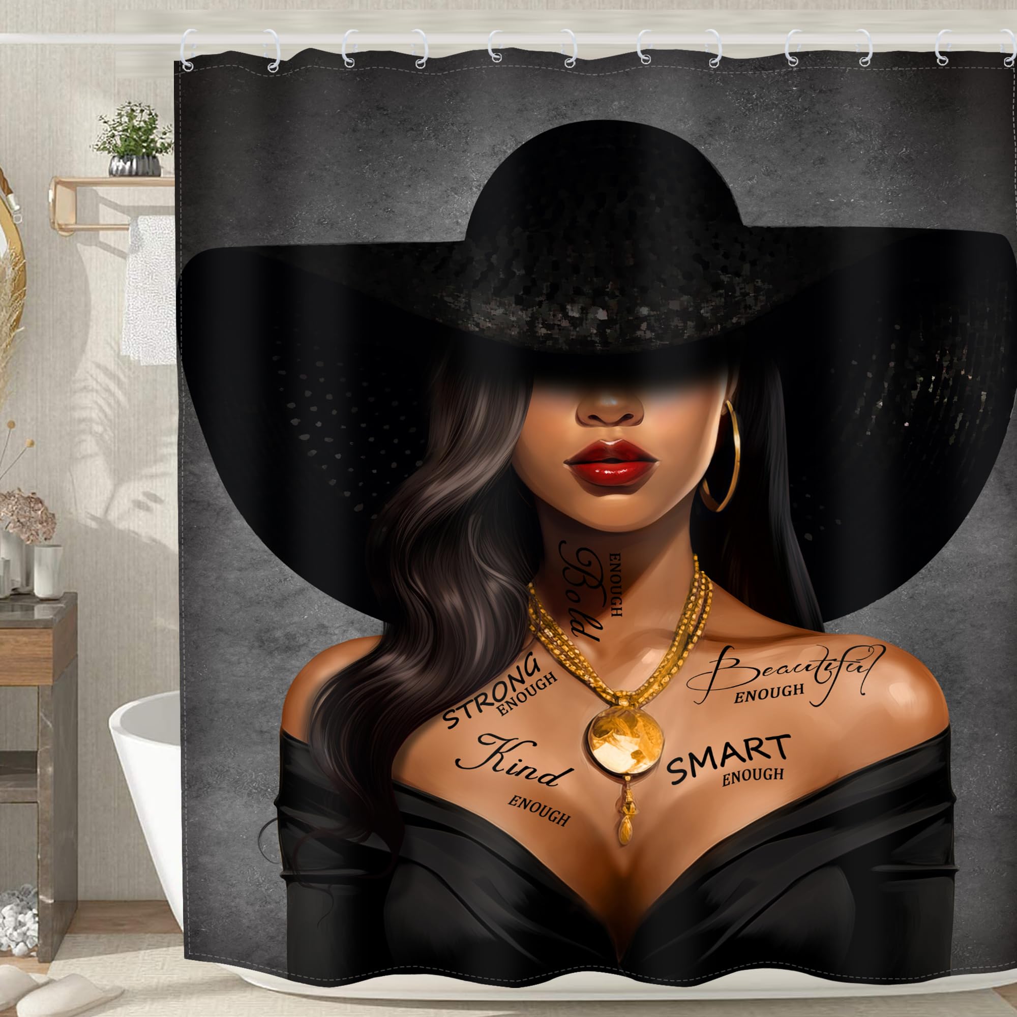 Meshelly Black Girl Shower Curtain 60Wx72H African American Grey Inspirational Quotes Bathroom Curtain Fashion Black Woman Showe
