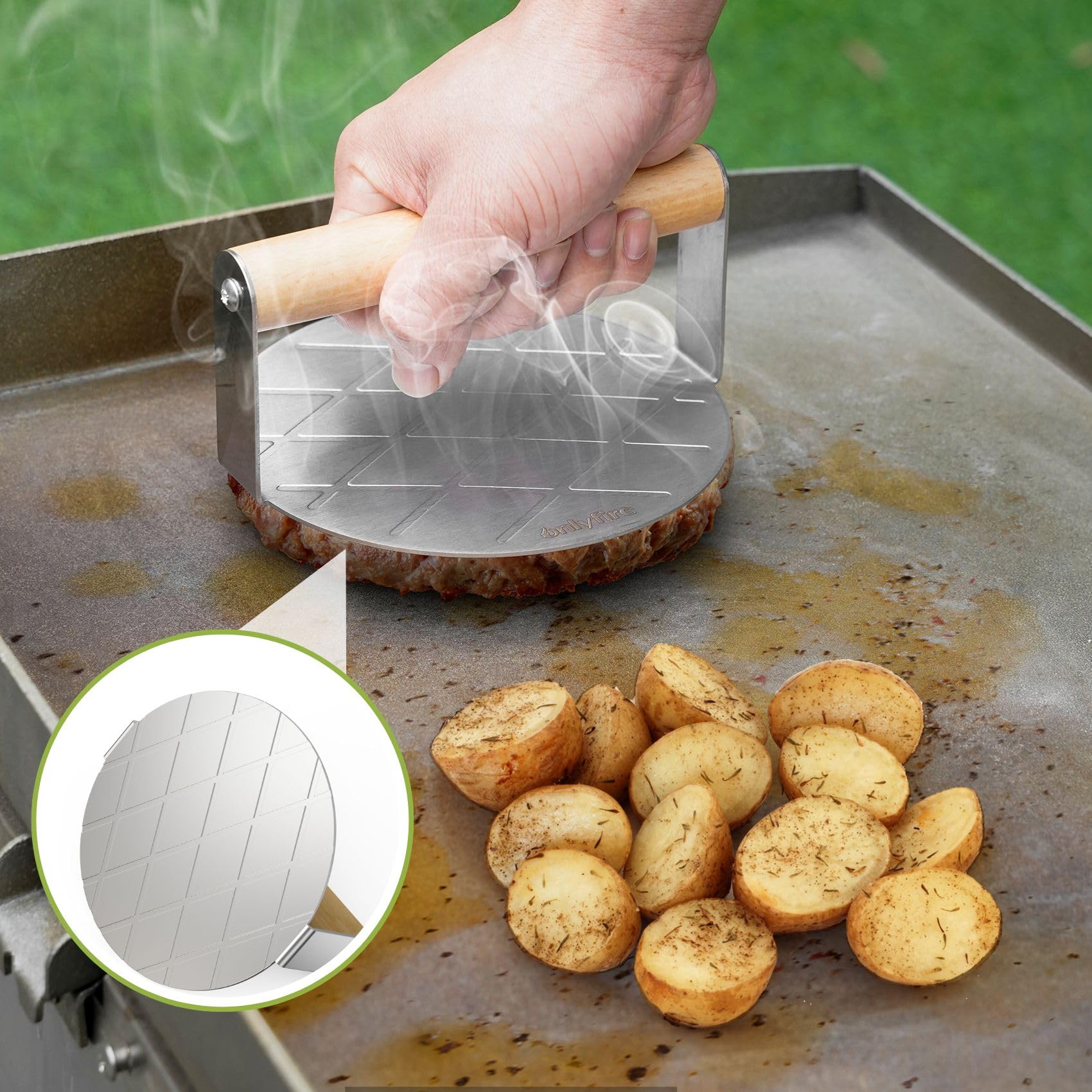 Only Fire Griddle Accessories Kit,4 Pcs,Cheese Melting Dome & Burger Press Kit,6 Inch Basting Cover With Burger Smasher & Grill