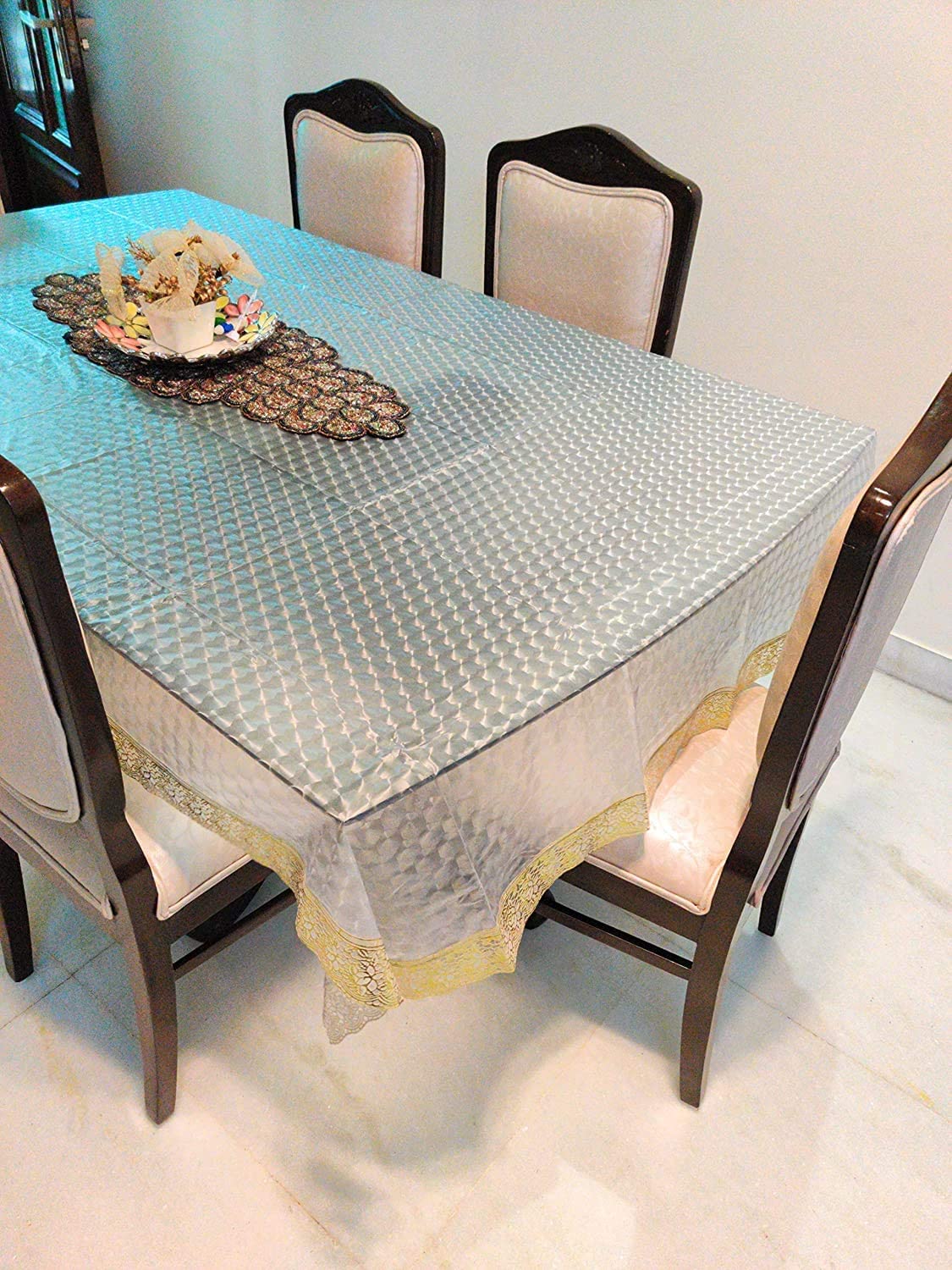 CASANEST 10 to 12 Seater 3D Dining Table Cover, with Golden Lace Size60x120 Waterproof Table Cover diamond005(Polyvinyl Chlori