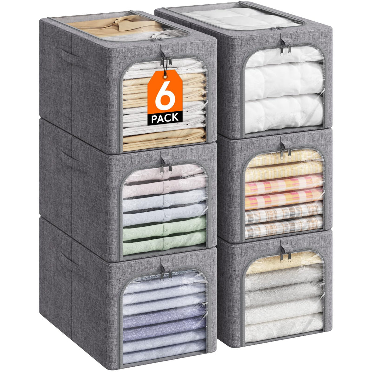 Lifewit 6 Pack Clothes Storage Bins with Metal Frame, Foldable Clothing Storage Bins with Lids, 40L Stackable Storage Box Storag