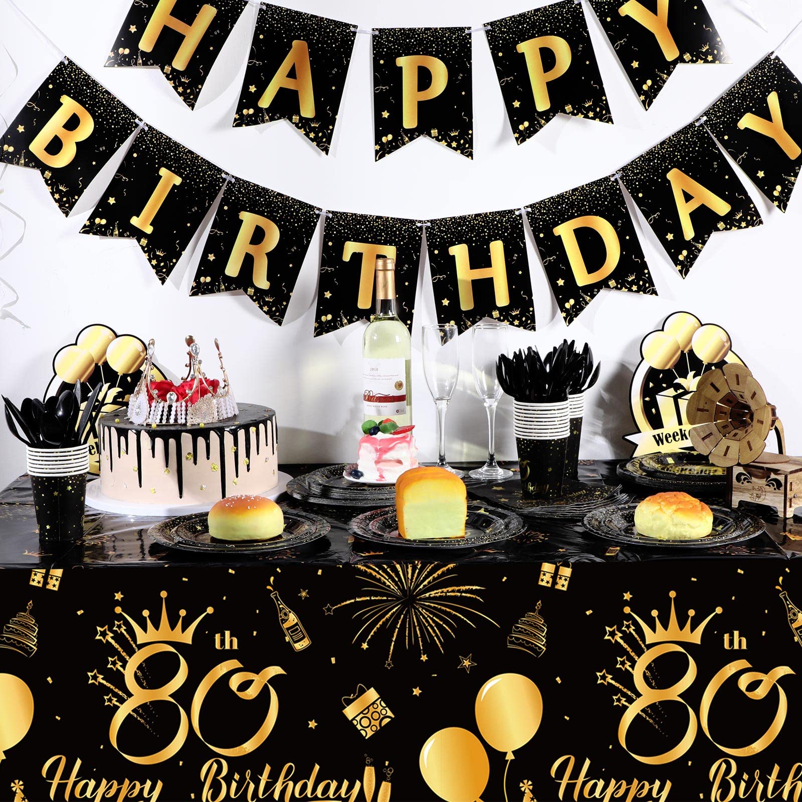 3 Pack 80Th Birthday Decorations For Men 80Th Birthday Tablecloth Disposable Plastic Table Cover Rectangular Black And Gold Tabl