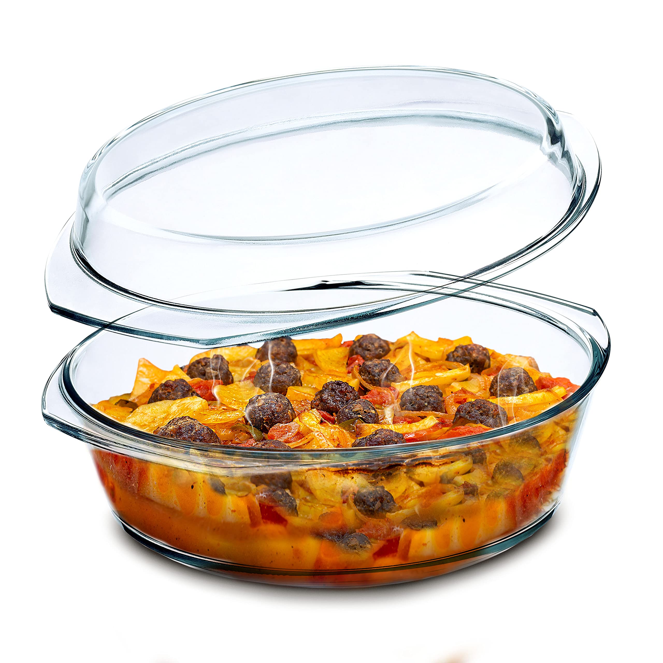 Simax Round Glass Casserole Dish, Clear Glass Round Casserole Dish With Lid And Handles, Covered Bowl For Cooking, Baking, Servi