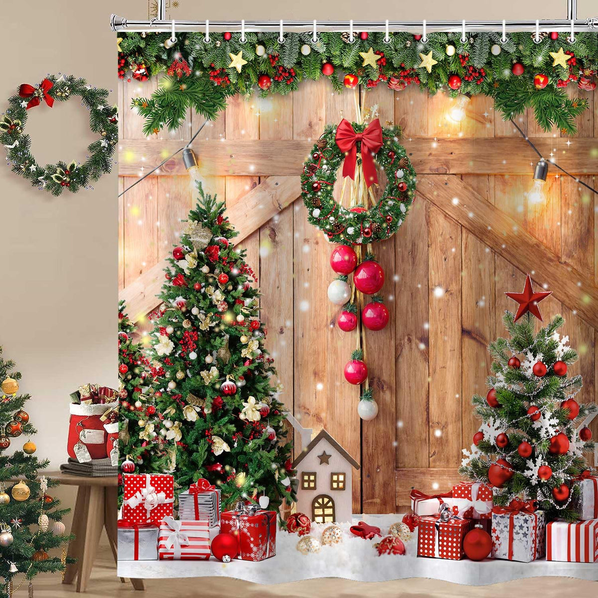Hjokiupt Farmhouse Christmas Shower Curtain, Winter Xmas Tree Home Decor Wooden Barn Door Fabric Shower Curtains For Bathroom, C