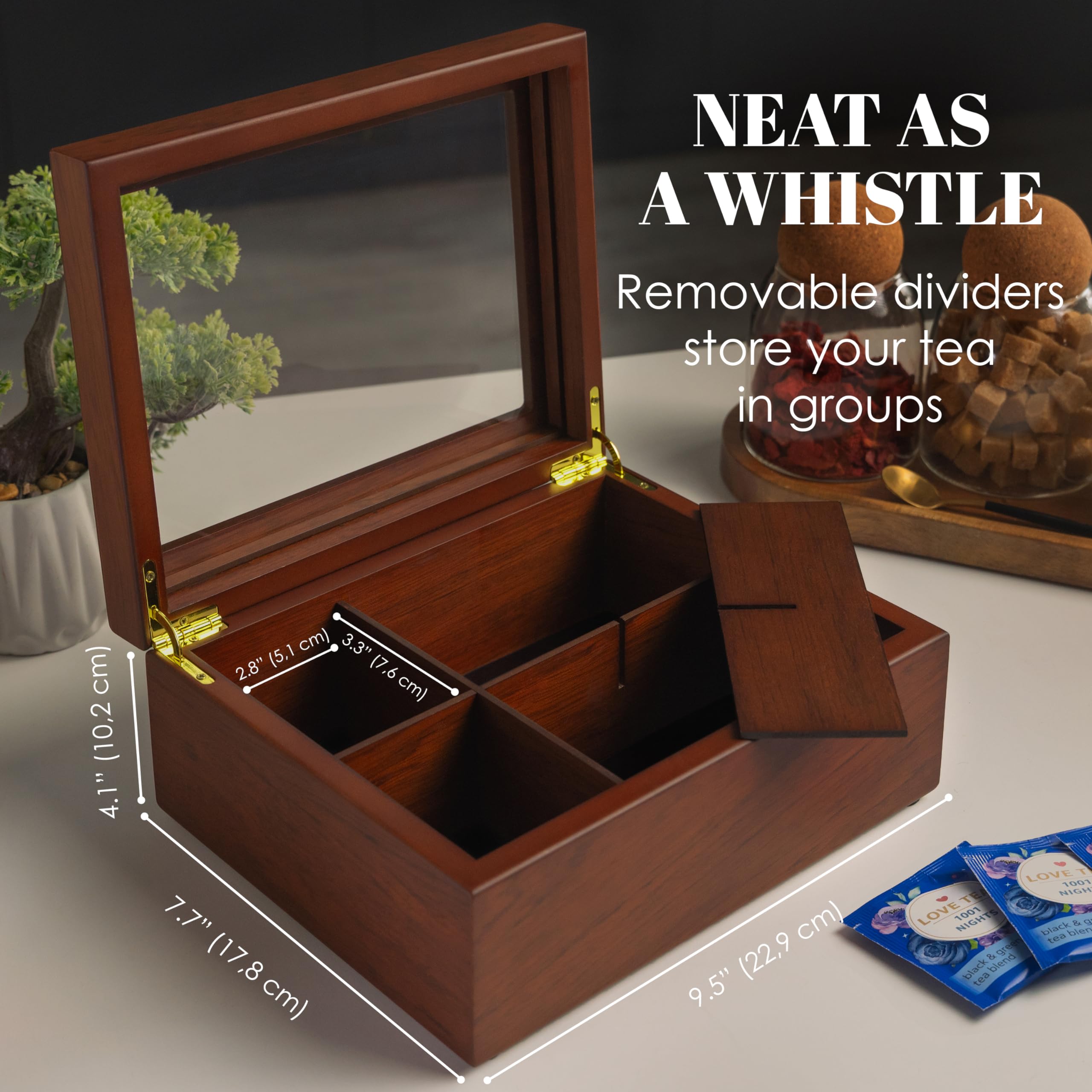 Tea Box - Luxury Wooden Tea Bag Organizer From The Apace Premier Collection - 6 Compartment Tea Storage Chest Container - Elegan