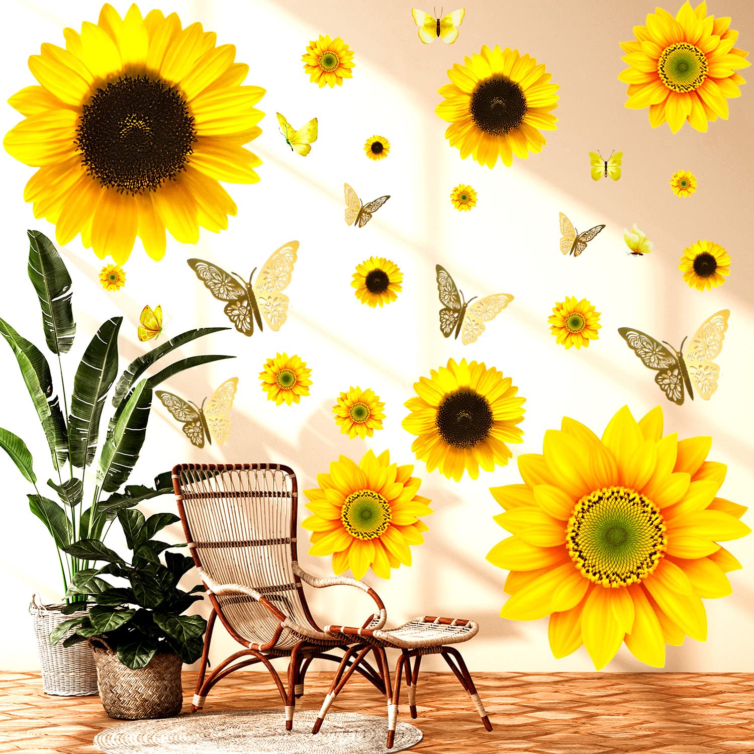Large Sunflower Wall Stickers - 39 Pcs Sunflower Daisy Decals For Wall 3D Butterfly Wall Sticker Sunflower Bathroom Nursery Deco