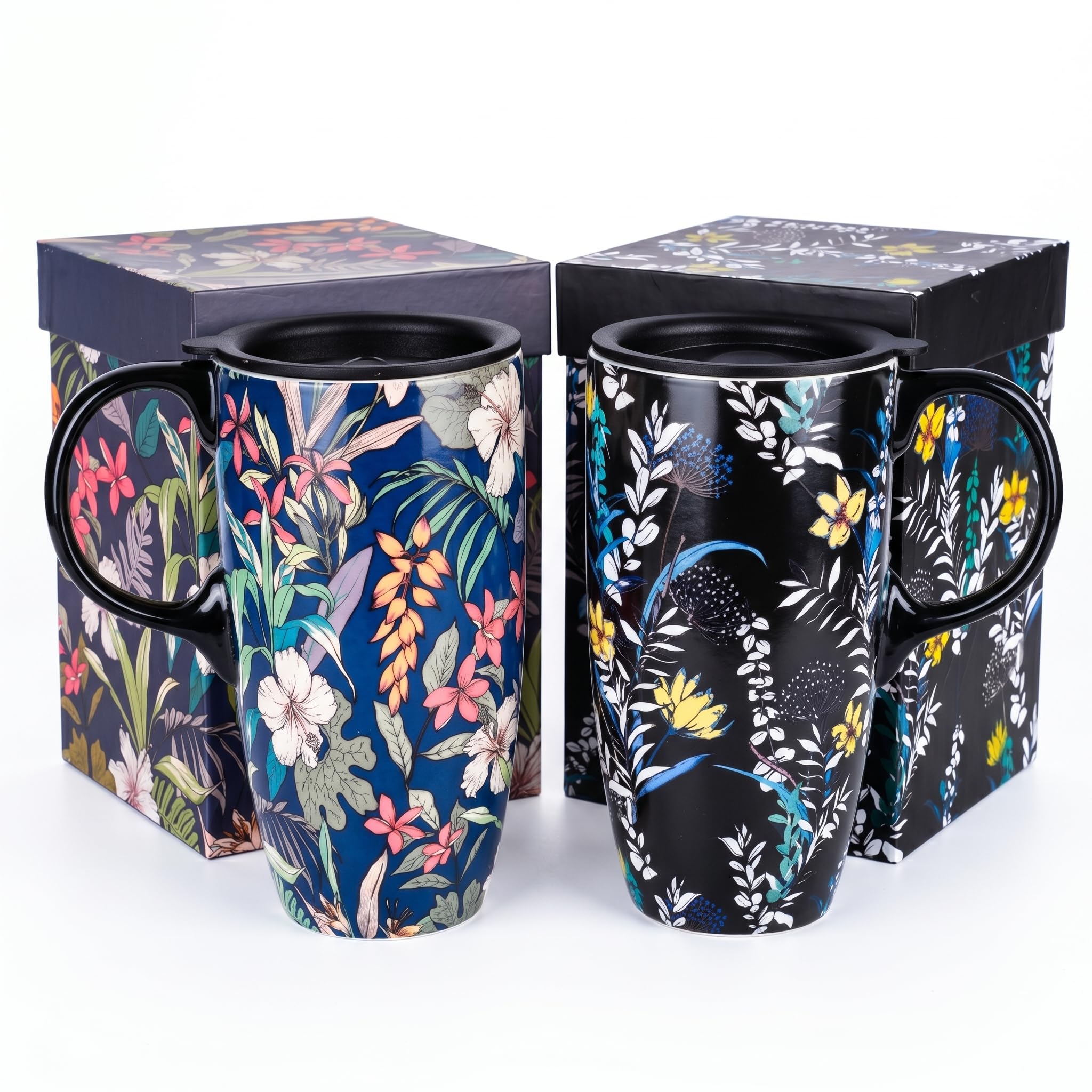 TZSSP 17oz Ceramic Travel Mugs Set of 2 with Lids, Floral Coffee Mugs