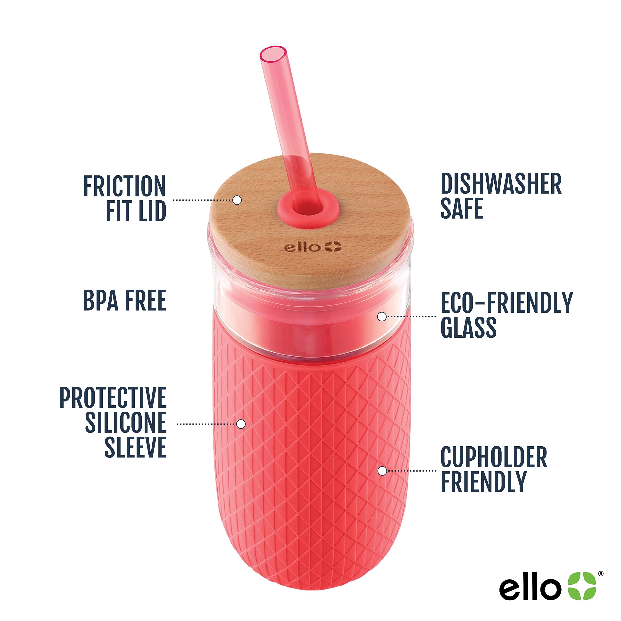 Ello Devon 18oz Glass Tumbler with Wooden Lid, Straw & Silicone Sleeve, Multicolor, BPA Free, Dishwasher Safe