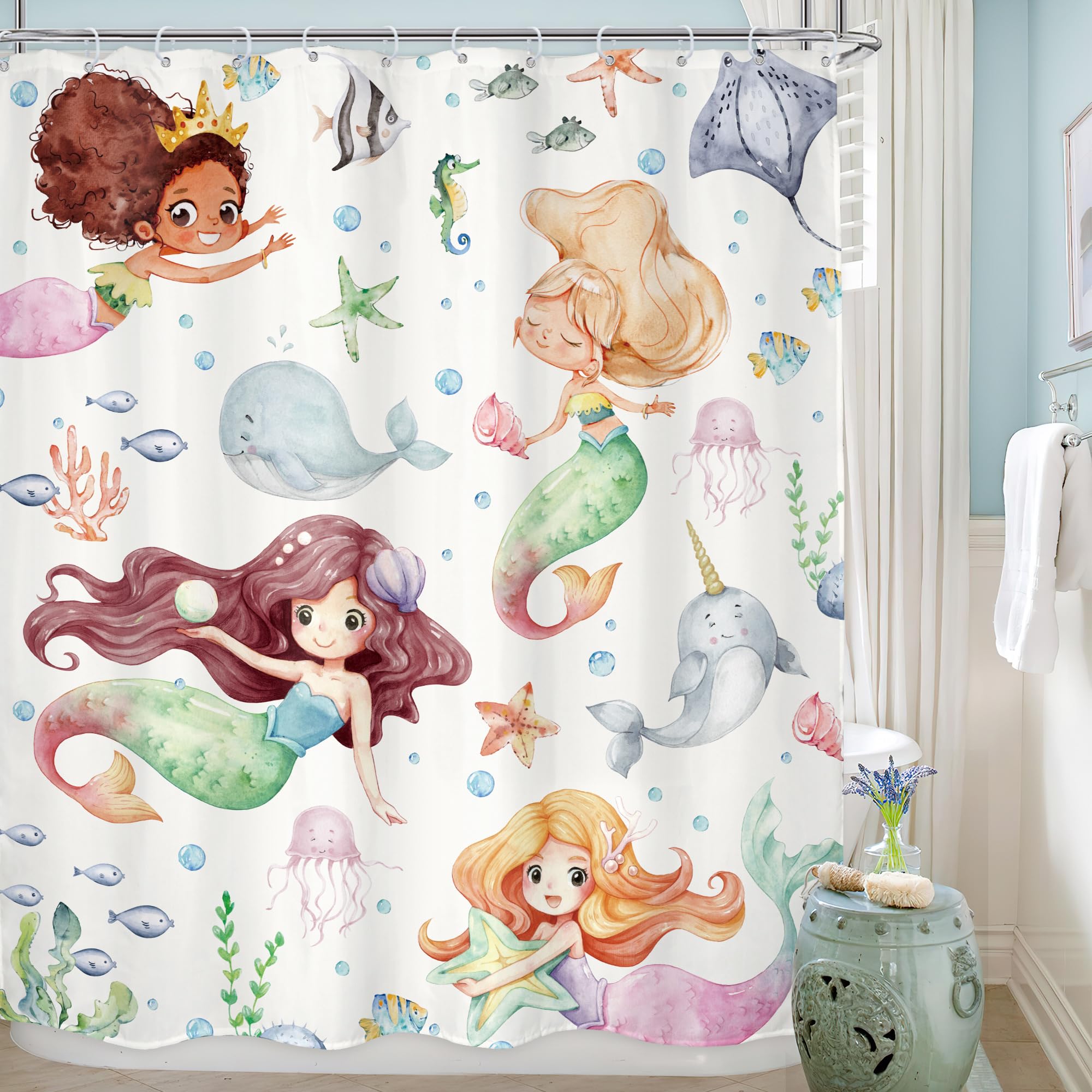Lghtyro Kids Ocean Mermaid Shower Curtain Bathroom Set 60Wx71H Inches Underwater Cartoon Sea Animals Cute Whale Starfish Funny S