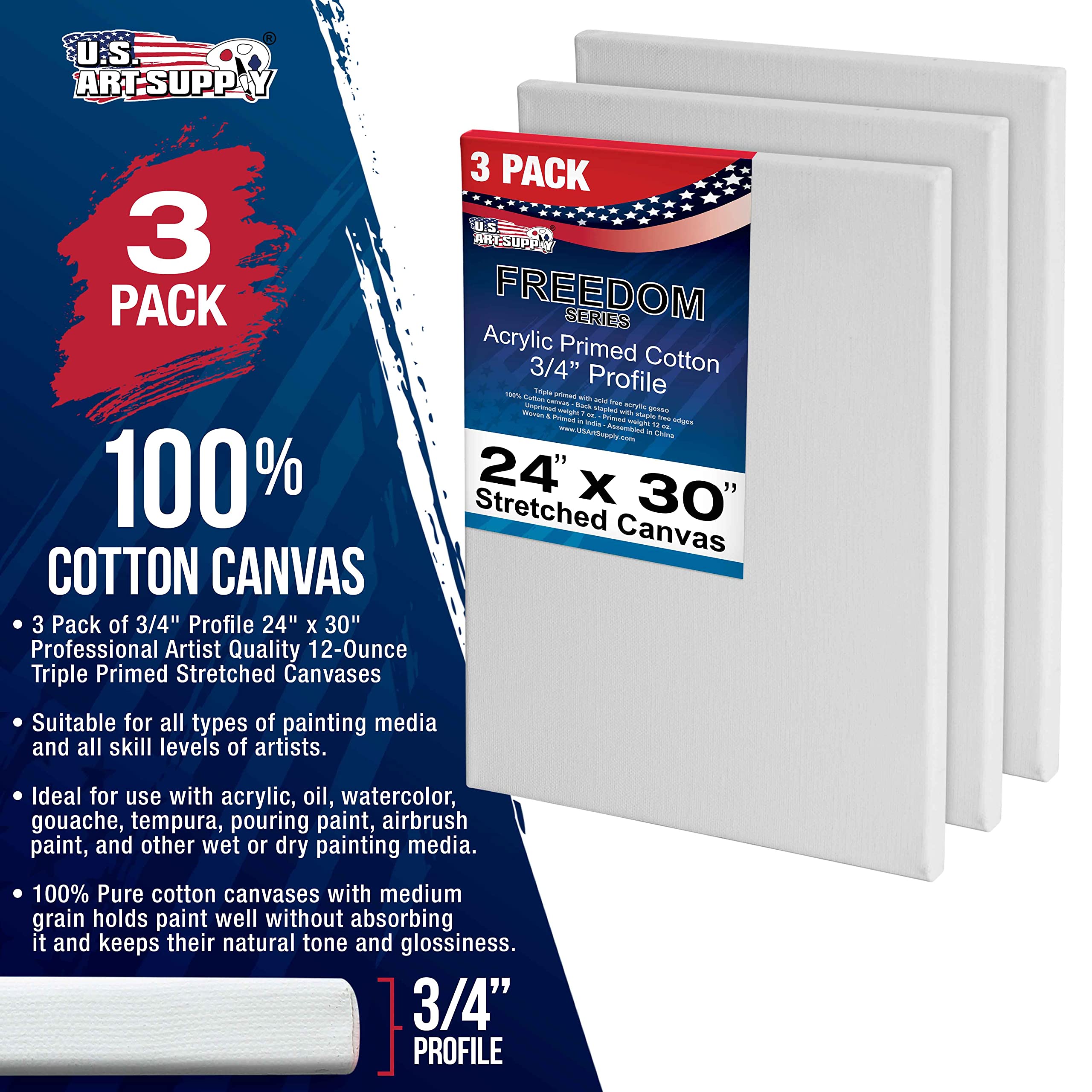 Us Art Supply 24 X 30 Inch Stretched Canvas 12-Ounce Triple Primed, 3-Pack - Professional Artist Quality White Blank 34 Profile,