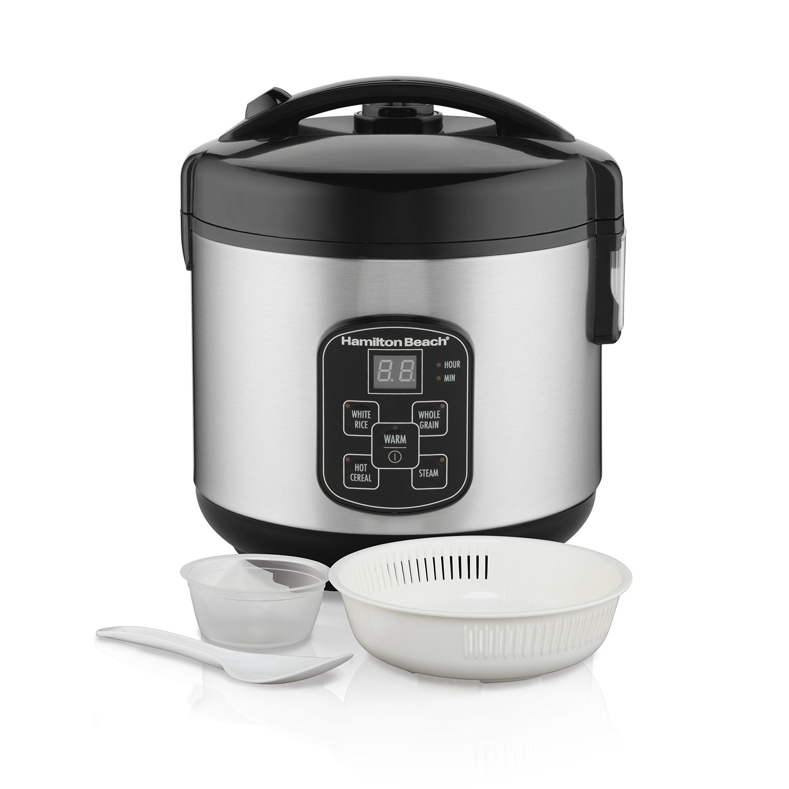 Hamilton Beach Digital Programmable Rice Cooker & Food Steamer, 8 Cups Cooked (4 Uncooked), With Steam & Rinse Basket, Stainless