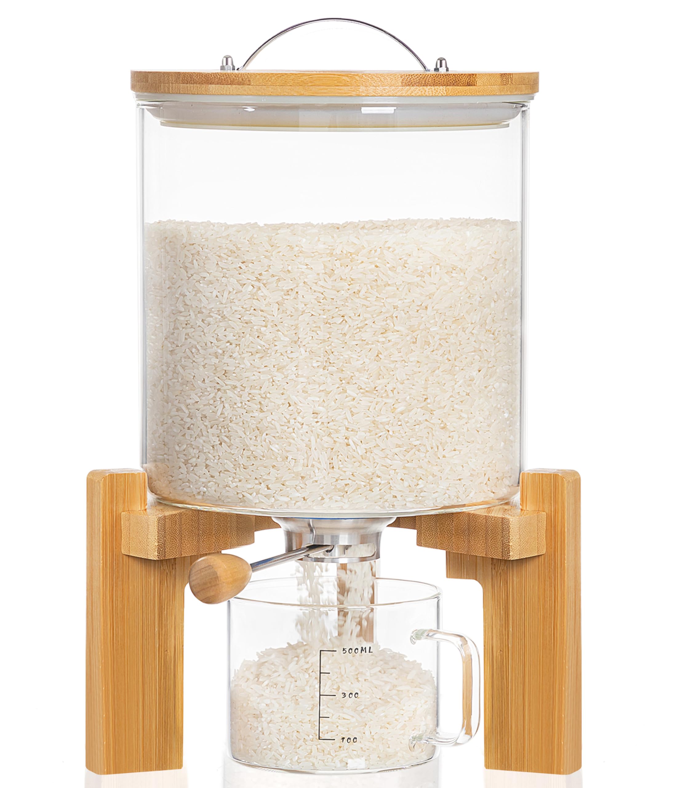 HBlife 8-10 Lbs Glass Rice Dispenser with Wooden Stand Flour and Cereal Container with Glass Measuring Cup Pantry Food Organizat