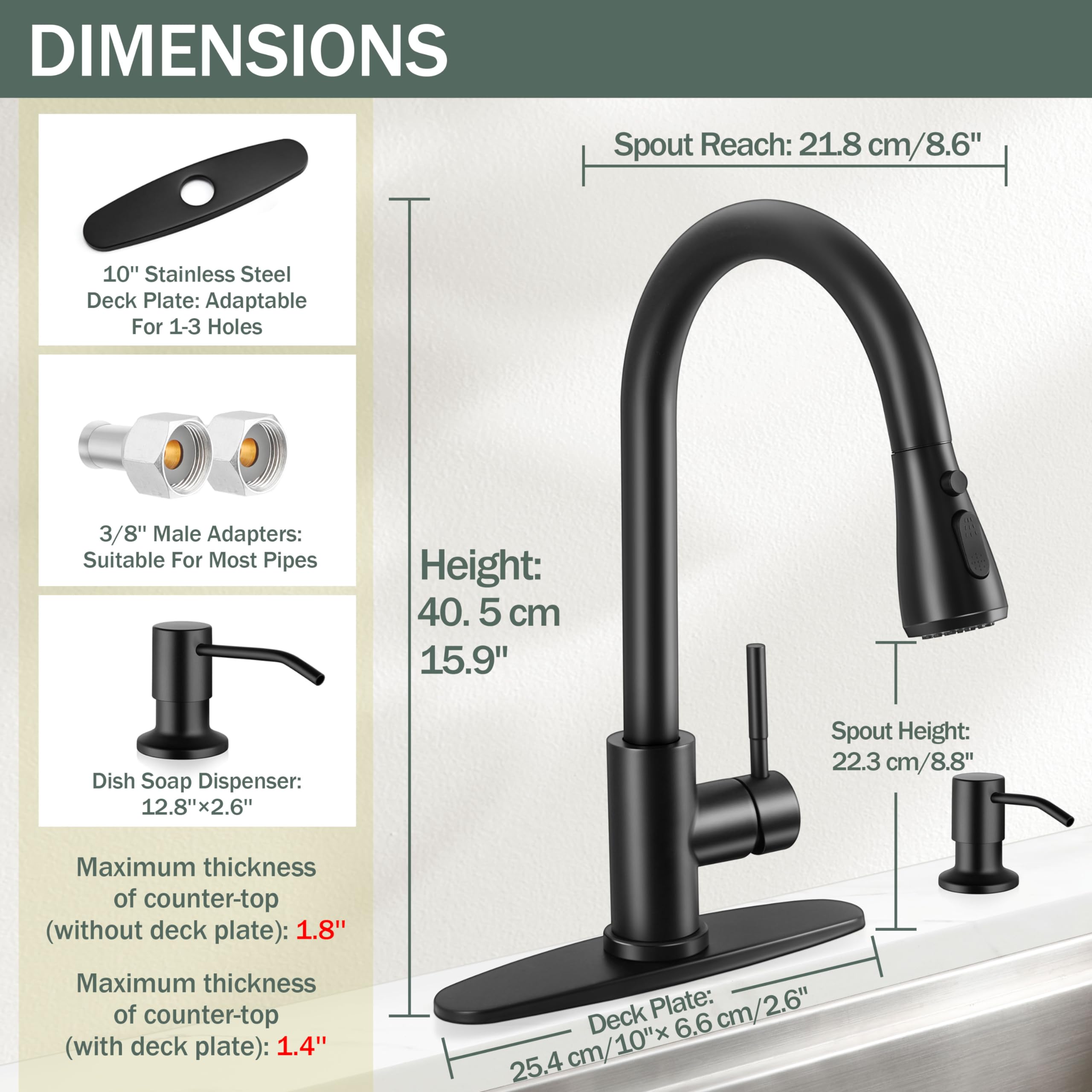 Herogo Black Kitchen Sink Faucet Set With Pull Down Sprayer And Soap Dispenser, Stainless Steel Rv Outdoor Kitchen Faucet For 1-