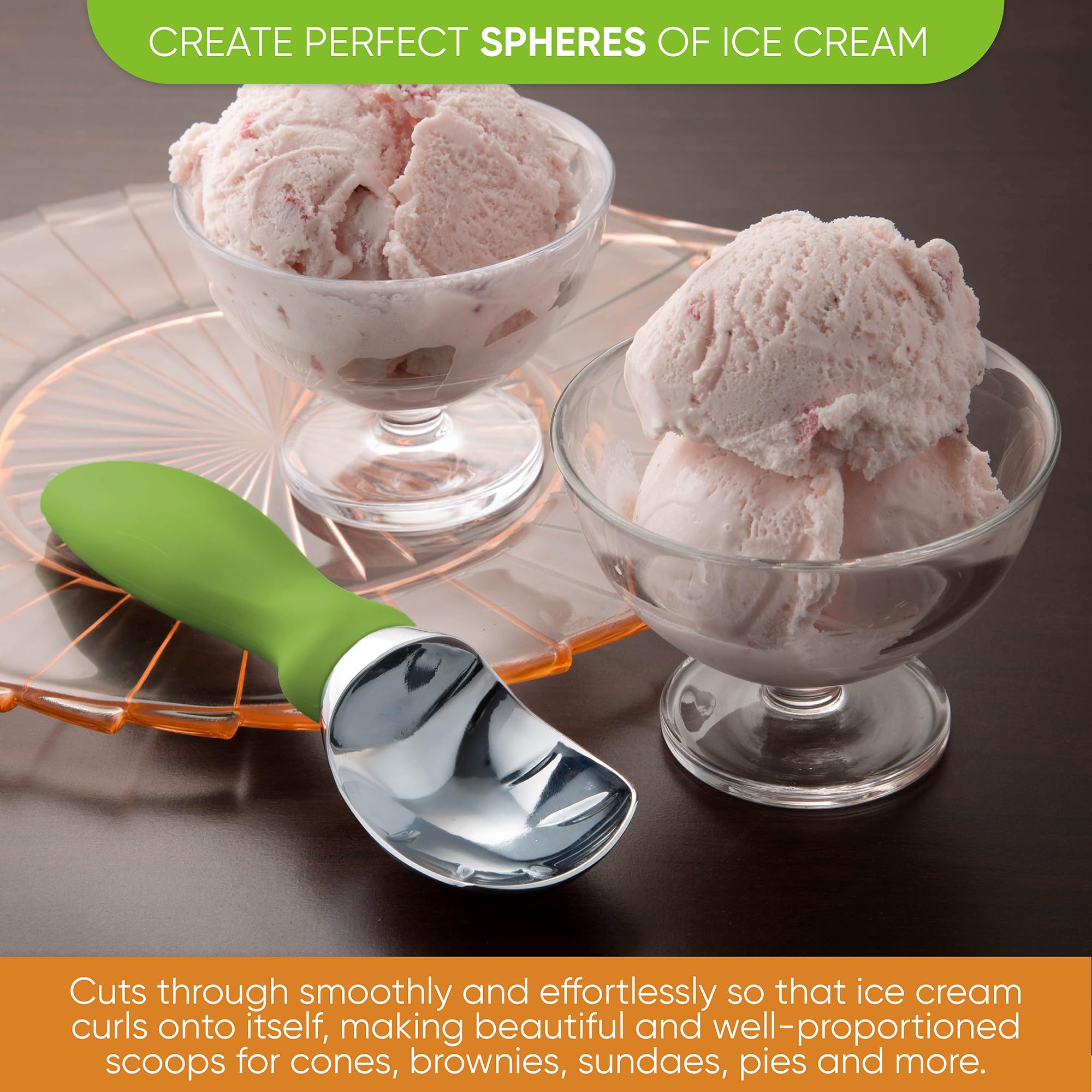 Spring Chef Green Heavy Duty Ice Cream Scoop With Non-Slip Handle, Professional Metal Ice Cream Scooper, Dishwasher Safe Ice Cre