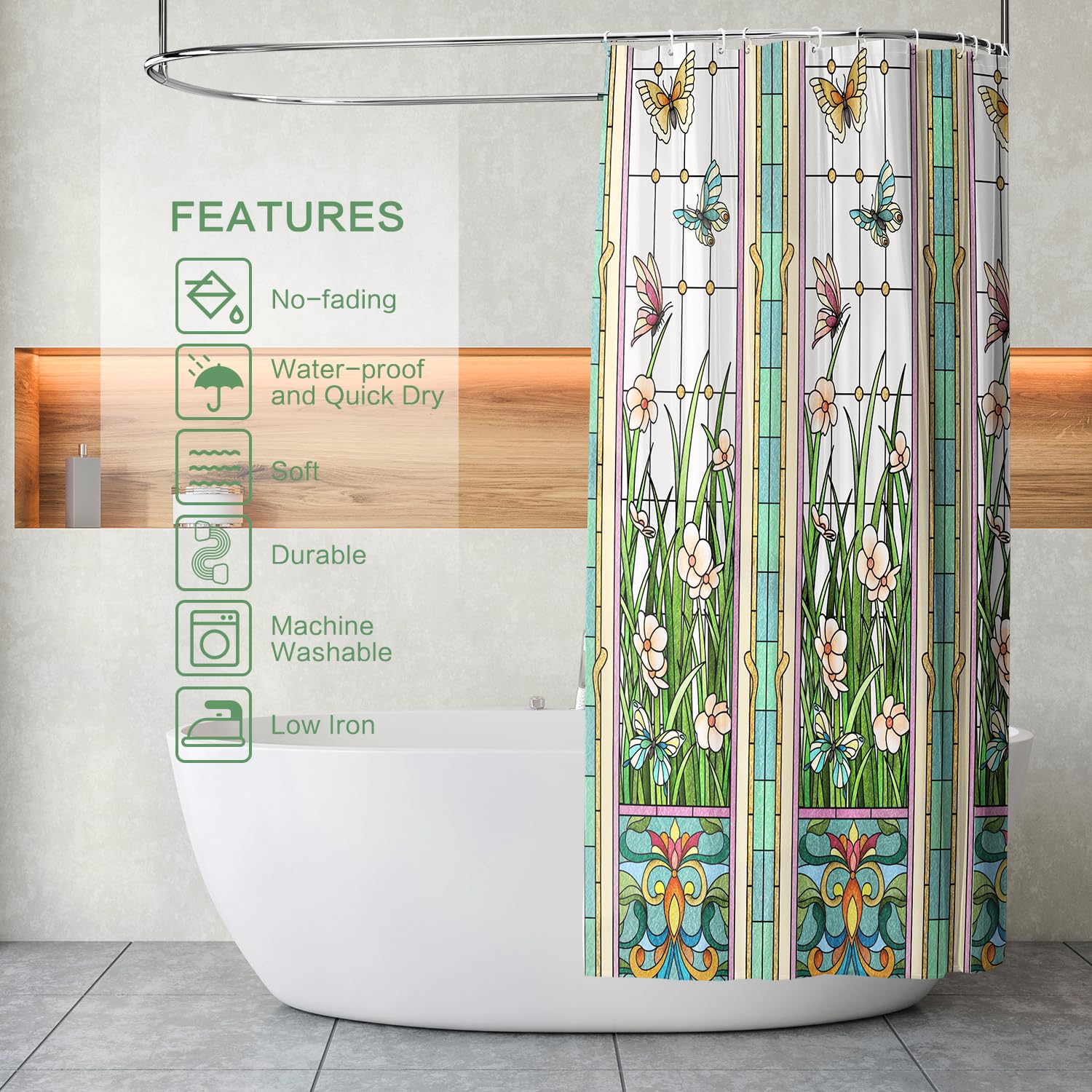 Flower Butterfly Shower Curtain, Glaze Glass Window Screen Shower Curtain Green Spring Summer Thick Shower Curtain Sets Waterpro