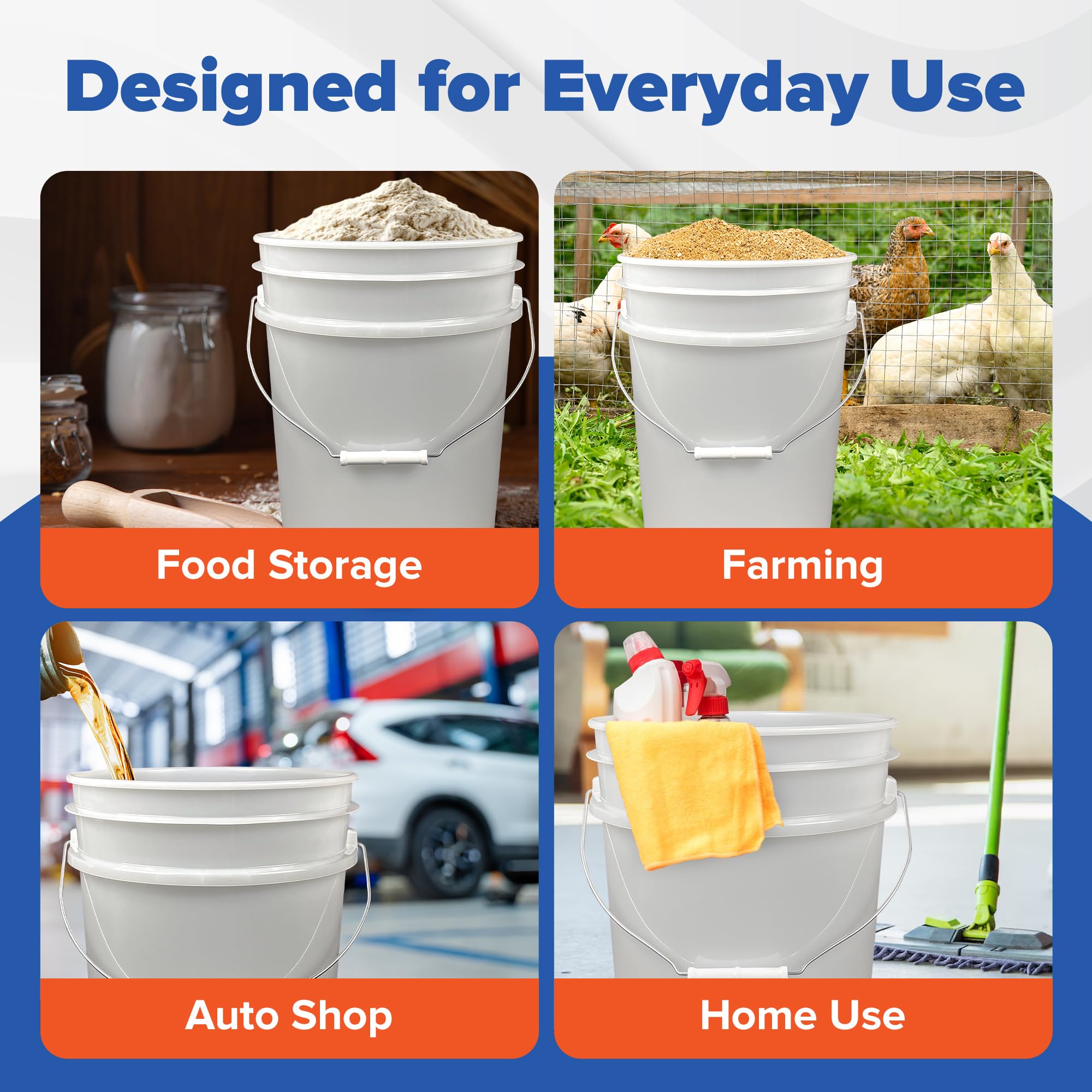 Living Whole Foods 5 Gallon White Bucket & Lid - Set of 1 - Durable 90 Mil All Purpose Pail - Food Grade - Plastic Container
