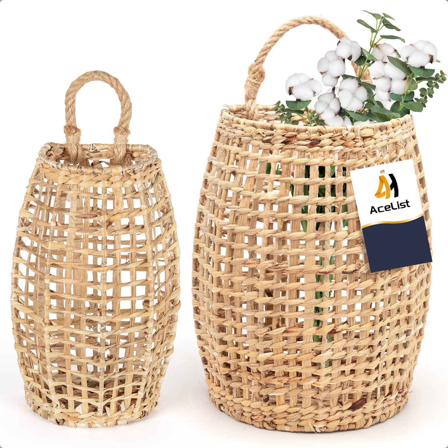 AceList Set of 2 Water Hyacinth Wall Hanging Baskets, Wall Basket Storage for Flowers & Plant, Decorative Boho Coastal for Front