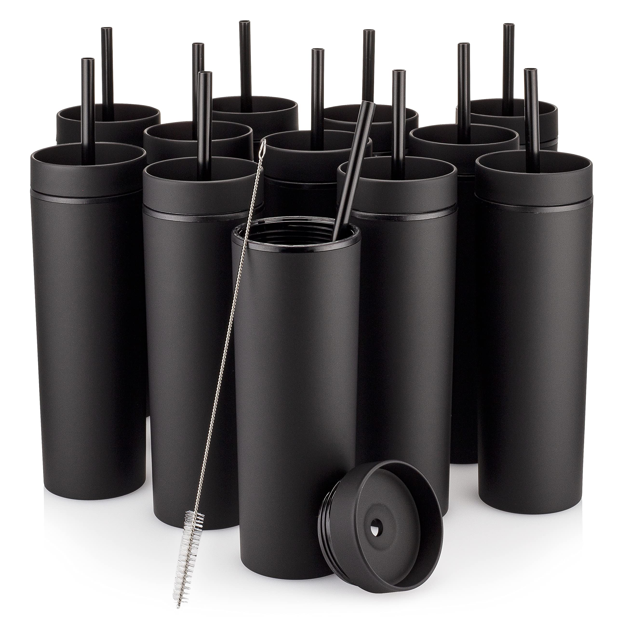 STRATA CUPS Black Skinny Tumblers with Lids and Straws (12 pack) - 16oz Double Wall Acrylic Tumbler, Tall Matte Skinny Tumblers,