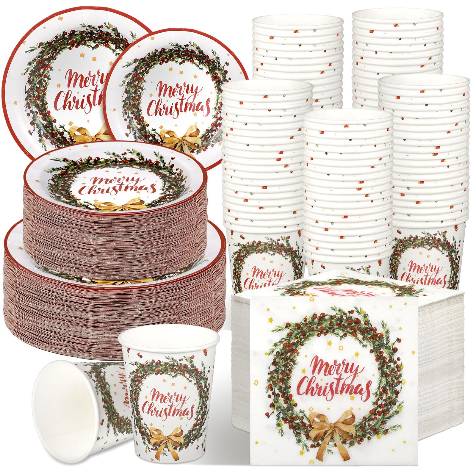 Jinei 250 Pcs Christmas Tableware Set for 50 Guests Christmas Paper Plates and Napkins Disposable Cups Xmas Dinnerware Party Sup