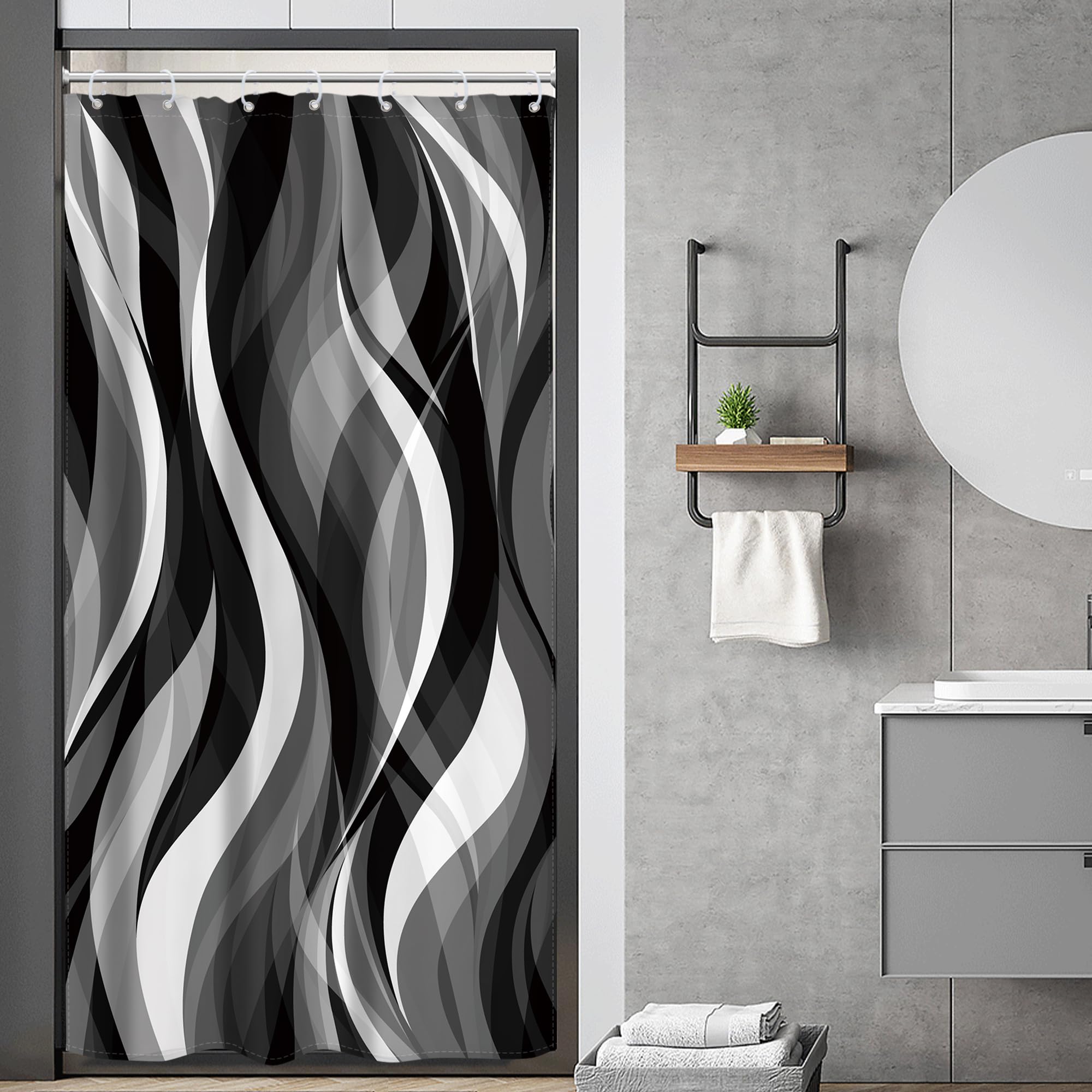 Riyidecor Stall Small Rv Black White Grey Shower Curtain Half Size Narrow Abstract Striped Minimalist Geometric Modern 36Wx72H I