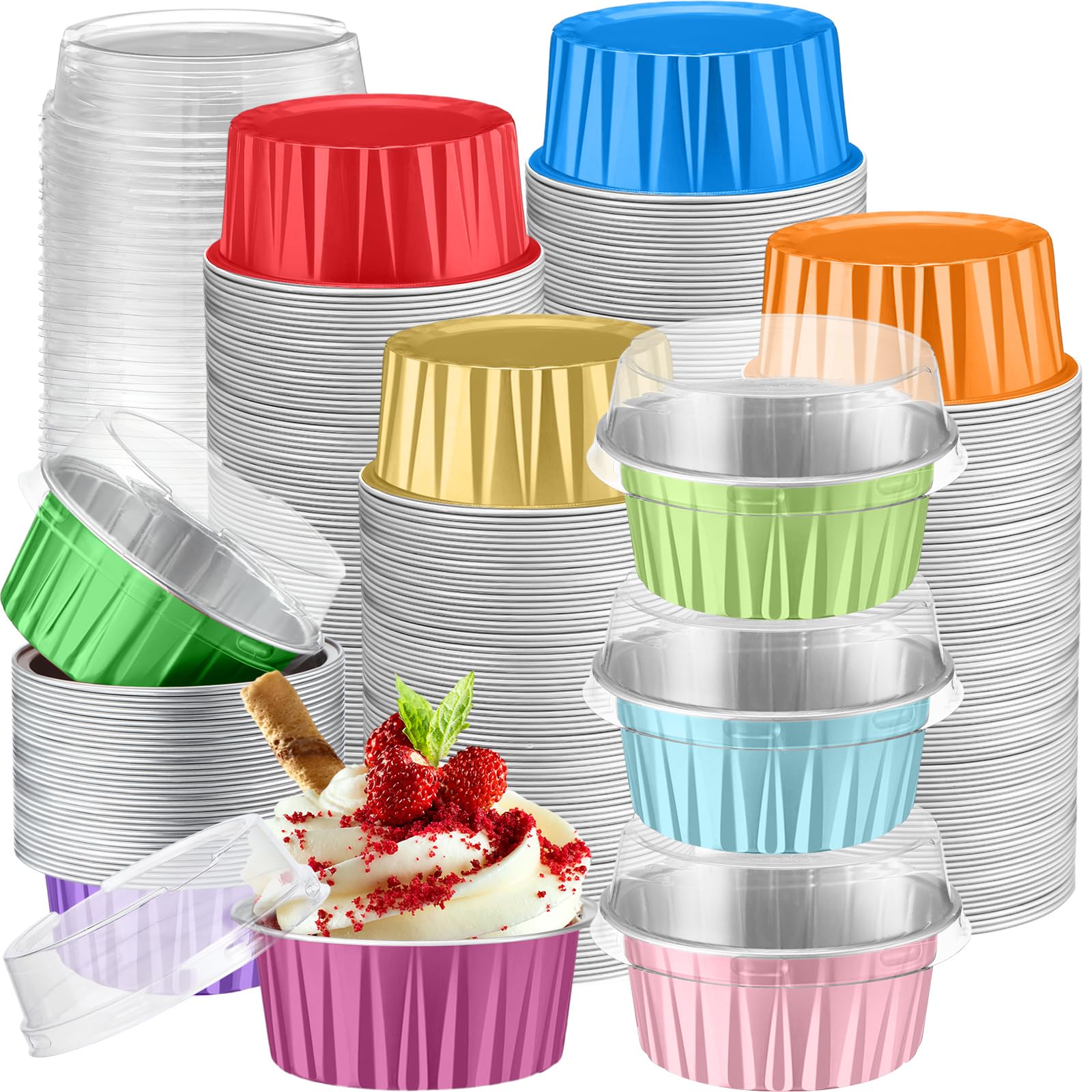 Gandeer 200 Pack Aluminum Cupcake Liners with Lids,Rainbow,Plain