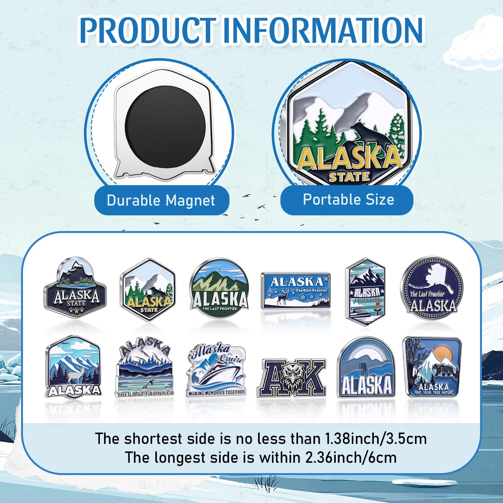 Konohan 24 Pcs Alaska Magnets for Refrigerator Metal Fridge Magnet Magnetic Alaska Souvenirs Gifts USA State Magnetic US City Re
