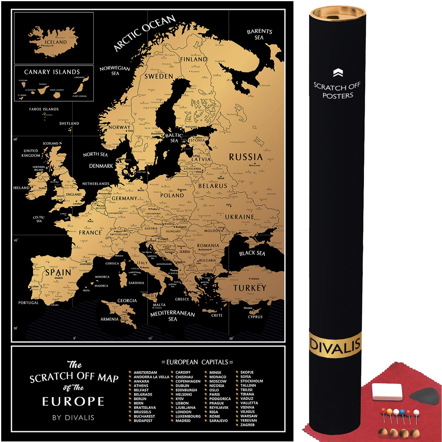 Detailed Scratch Off Map Of The Europe - Easy To Frame 24 X 16 European Travel Map Poster With Cities - Large Black And Gold Pus