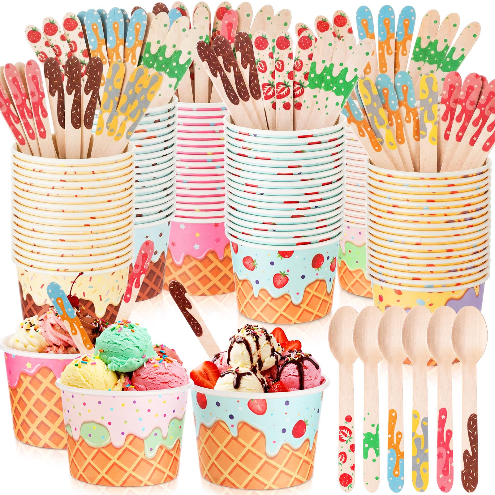 Nuogo 360 Pcs 180 Sets Ice Cream Cups with Spoons Bulk 9.5 oz Disposable Paper Ice Cream Bowls Colorful Dessert Cups Containers 