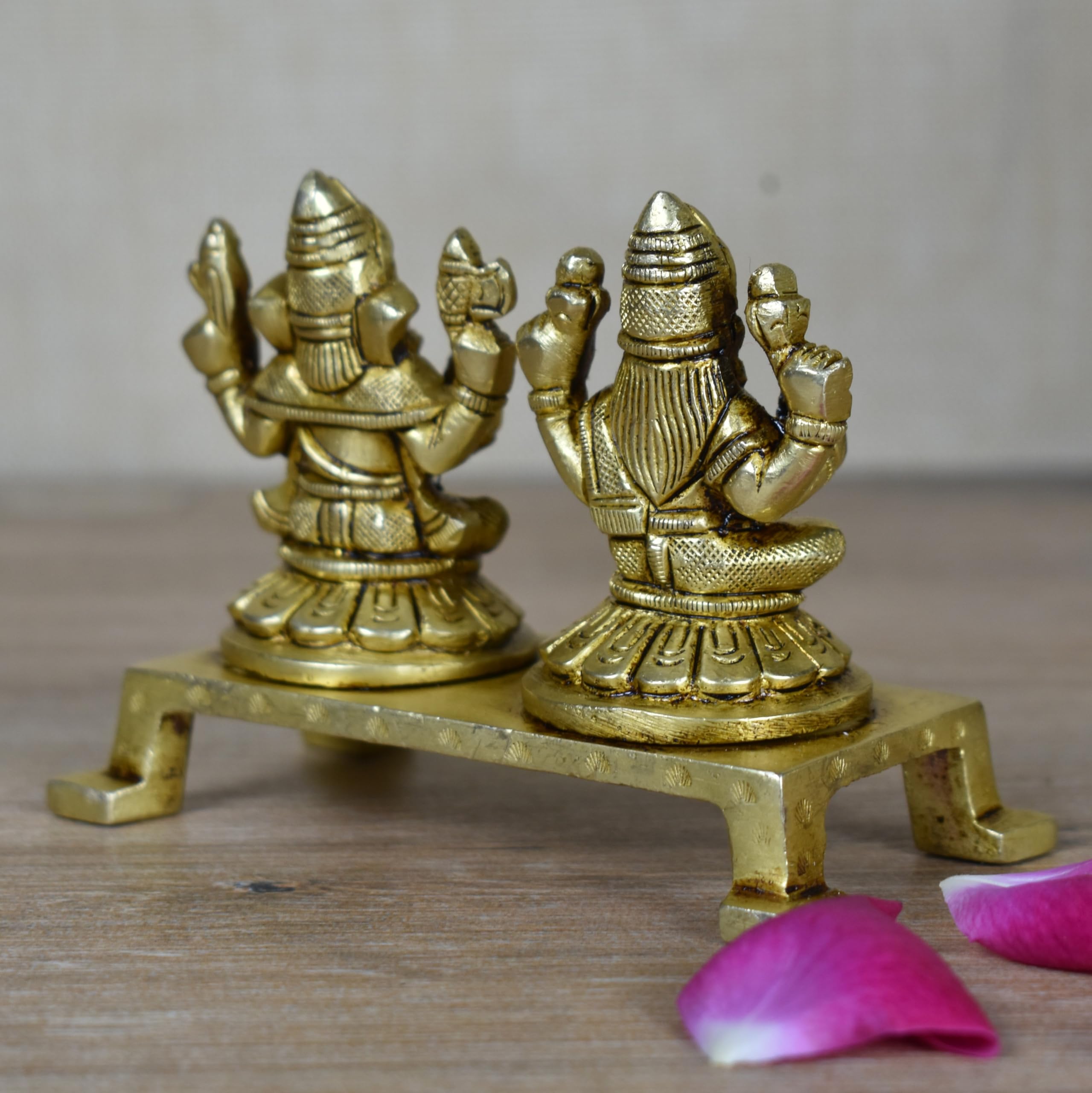 Vintage Gulley Brass Laxmi Ganesh Idol Set With Chowki Stand, Peetal Ganesha Lakshmi Paoti For Diwali Puja, Study Table, Pooja R