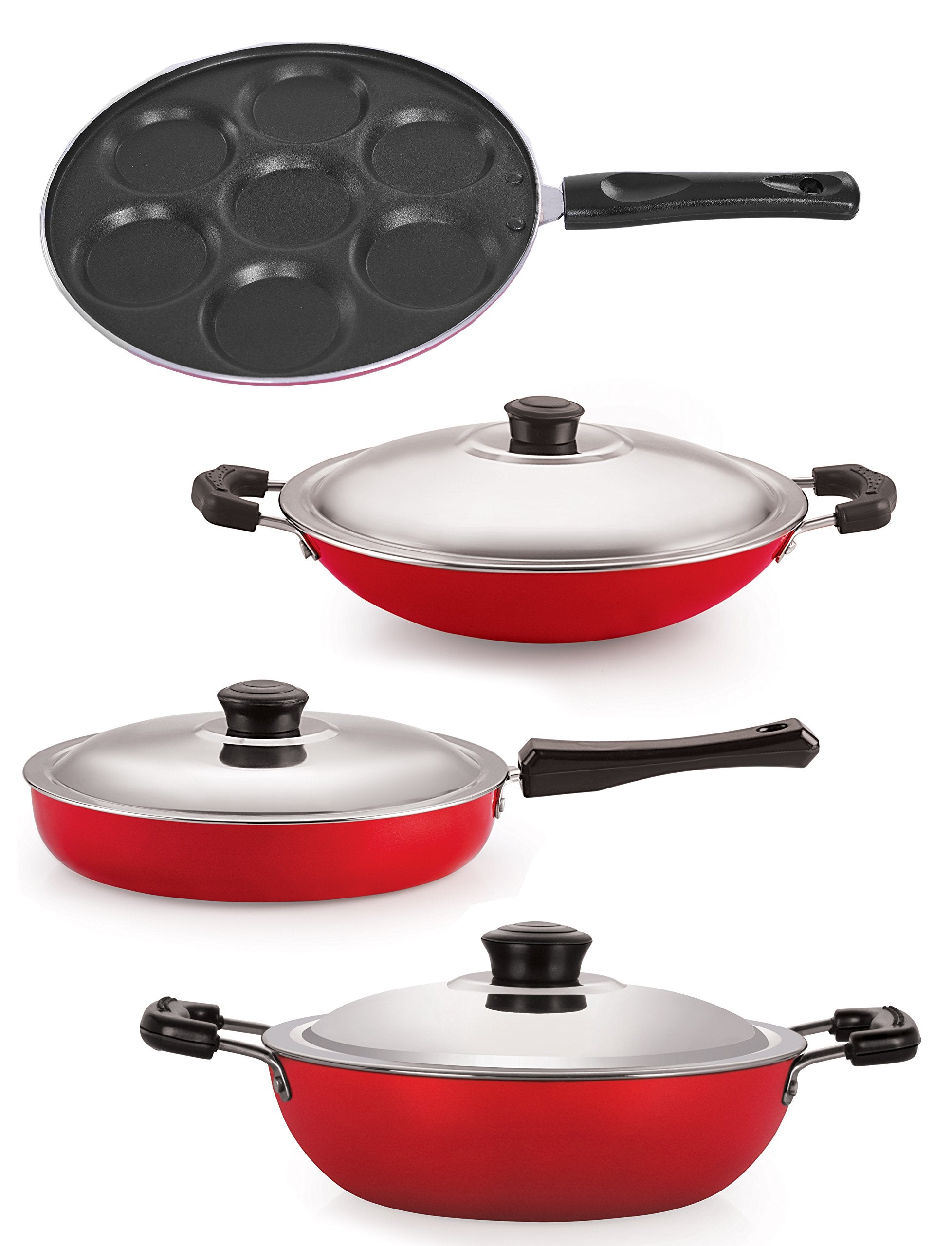Nirlon Non Stick 4 Piece Combo Set Heavy Gauge Aluminium Red & Black