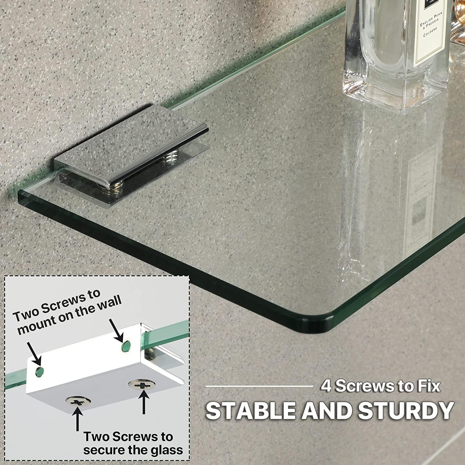 Sayayo Glass Shelf For Bathroom, 1/3 Inch Thicken Tempered Floating Glass Shelves 24 Inch With Stainless Steel Brackets, 1 Pack,