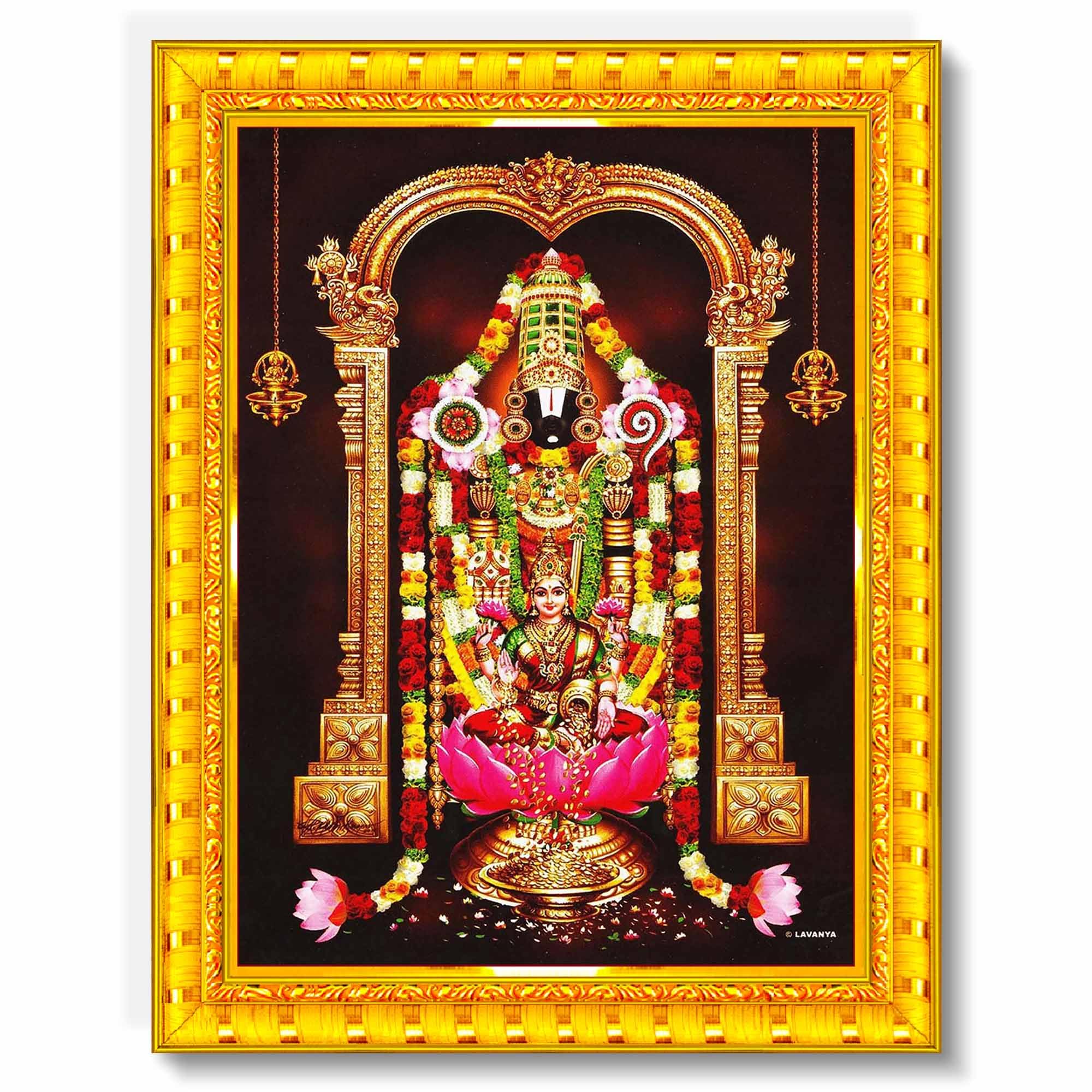 Pavan Photo Laminations Tirupati Balaji Lakshmi Venkateshwara Swamy Wall Painting Framed Home Decor (Wood,Matte,Gold,Big Size,10