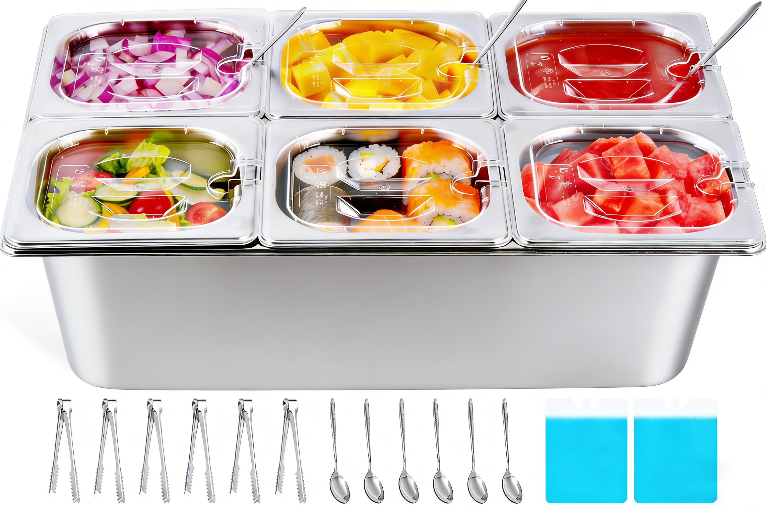 YMJOINMX Cold Ice Food Serving Display tray 6 Pan 2QT with Ice Packs Clear Lids for Salad Pizza Sauce Cooled Condiment Contain