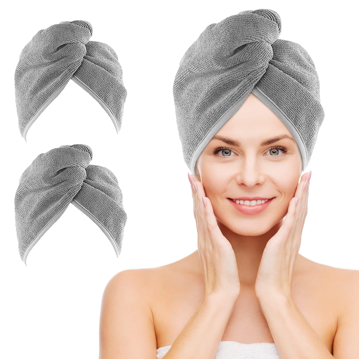 NEXCOVER Microfiber Hair Towel, 2 Pack (Grey Color) 9.8 inch X 25.5 inch Hair Turbans,Ultra Absorbent,Fast Drying Hair Towel Wra