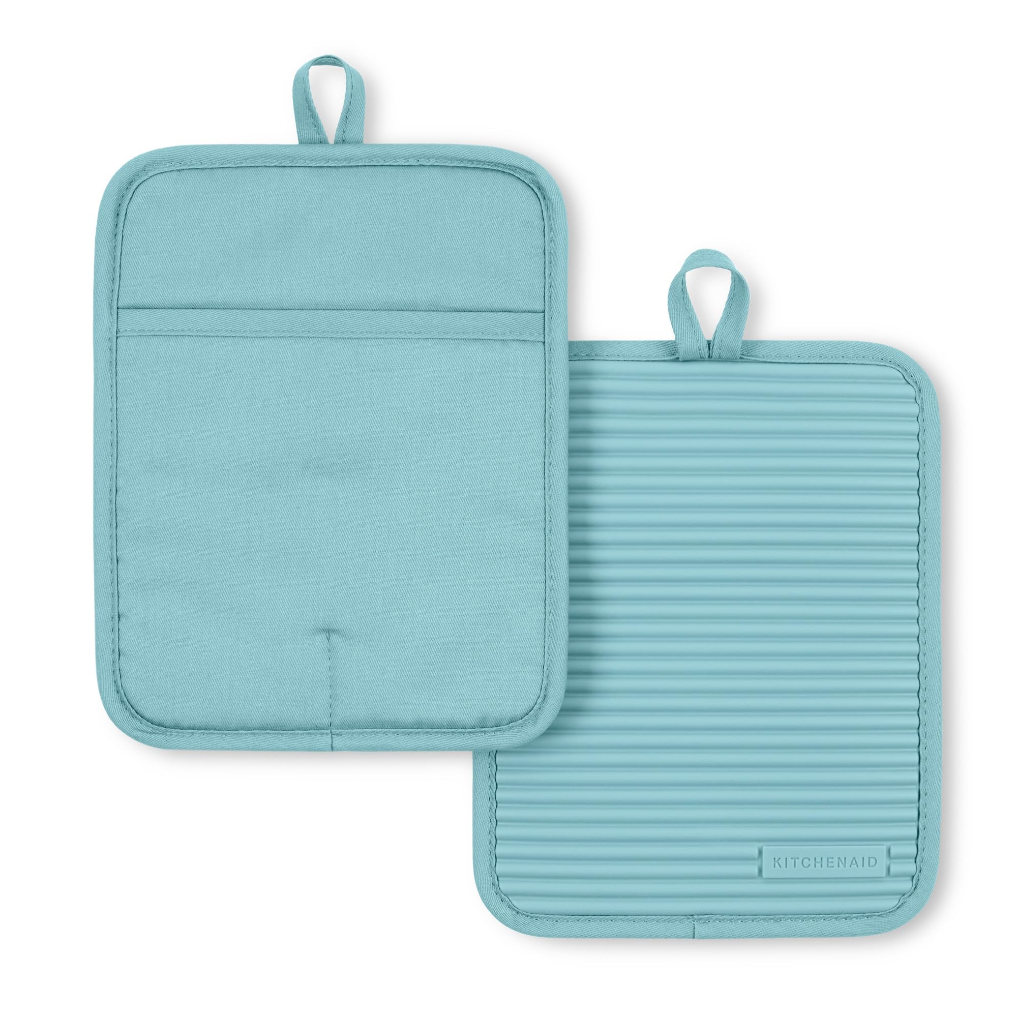 KitchenAid Ribbed Soft Silicone Pot Holder 2-Pack Set, Mineral Water Aqua, 7x9