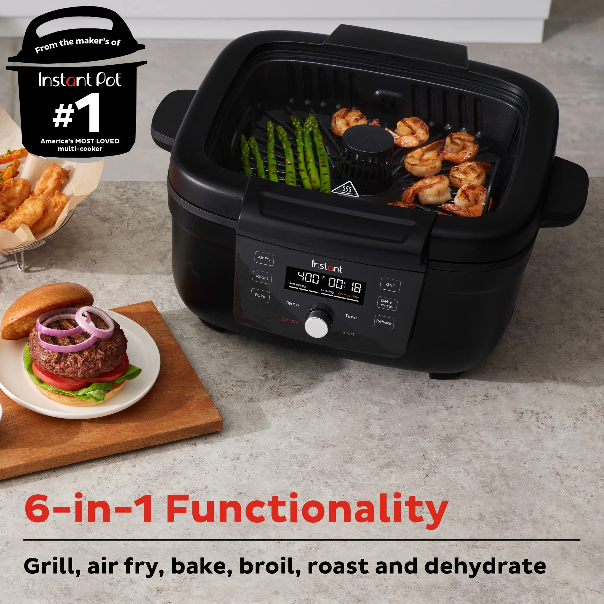Instant 6-in-1 Indoor Grill and Air Fryer with Bake  Roast Reheat & Dehydrate  From the Makers of Instant Pot  with Odor-Reducing Filter  Clear Cooking Window  and Removable Lid for Easy Cleaning
