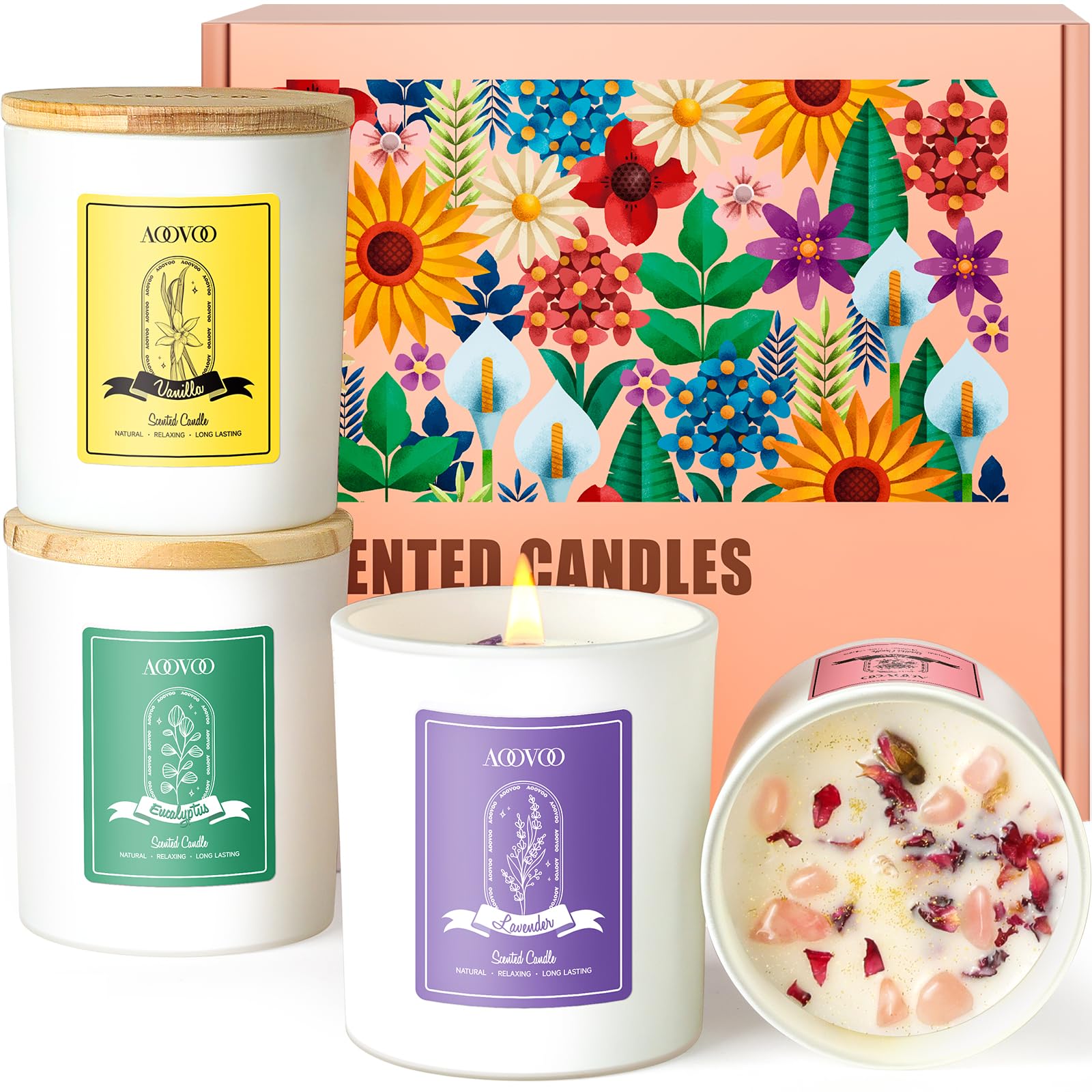AOOVOO Rose/Vanilla/Eucalyptus/Lavender Scented Candles for Women - Aromatherapy Candle with Crystals Inside, 40oz Soy Candles f