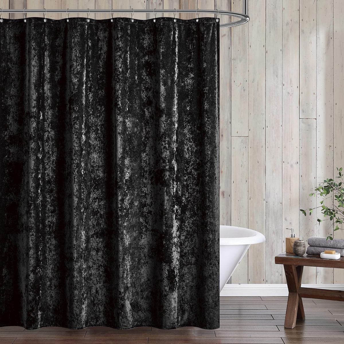 Fredsure Distressed Velvet Shower Curtain Set, 13 Pieces Black Including 1 Piece 72''X72'' Shower Curtain And 12 Pieces Silver H