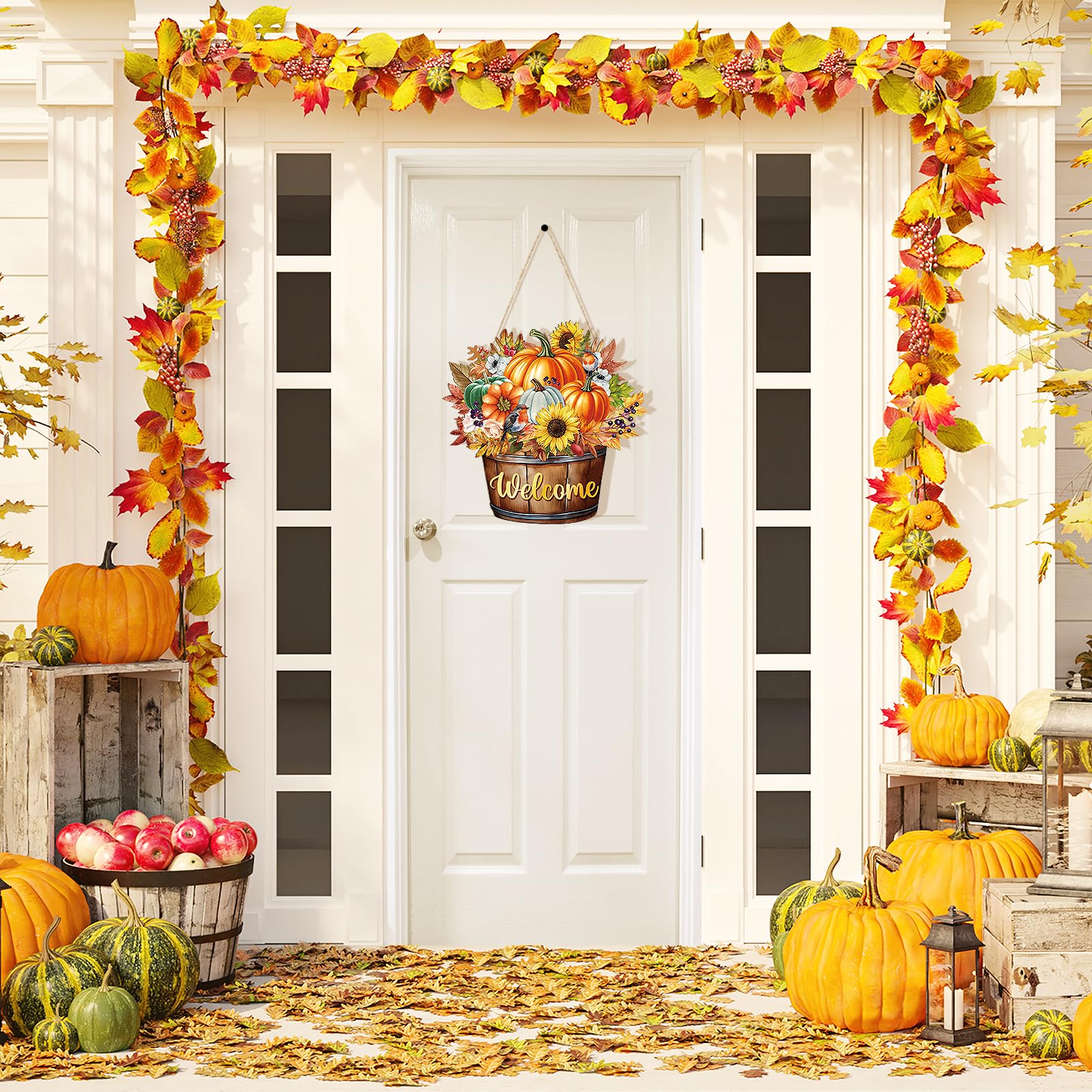 Fall Decoration Welcome Wreaths for Front Door, Wooden Hello Fall Pumpkin Thanksgiving Door Sign Ornament, Wood Mason Jars Maple