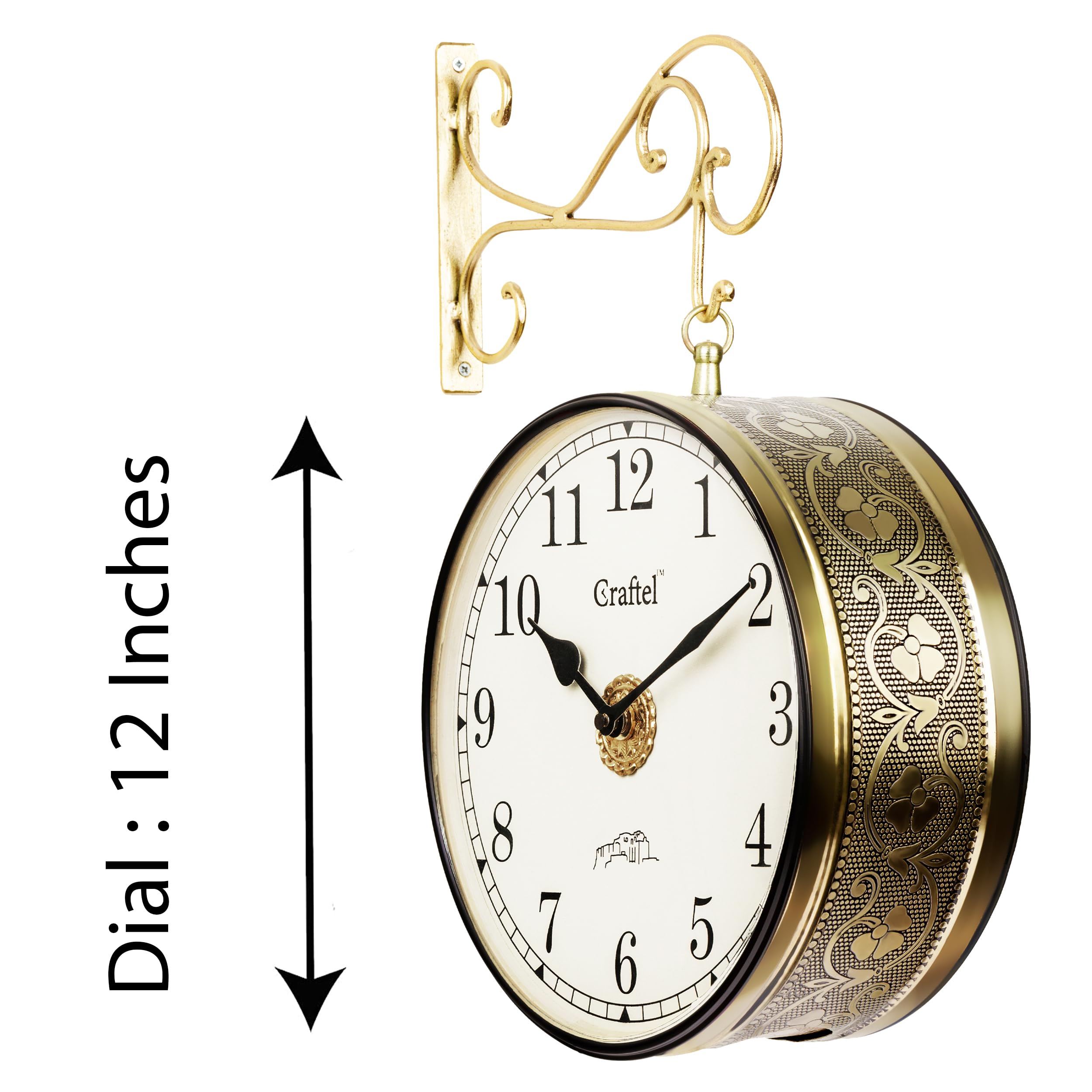 CRAFTEL Metal Analog Double Sided Vintage Station Wall Clock with Brass in dial (Golden :12 Inches)