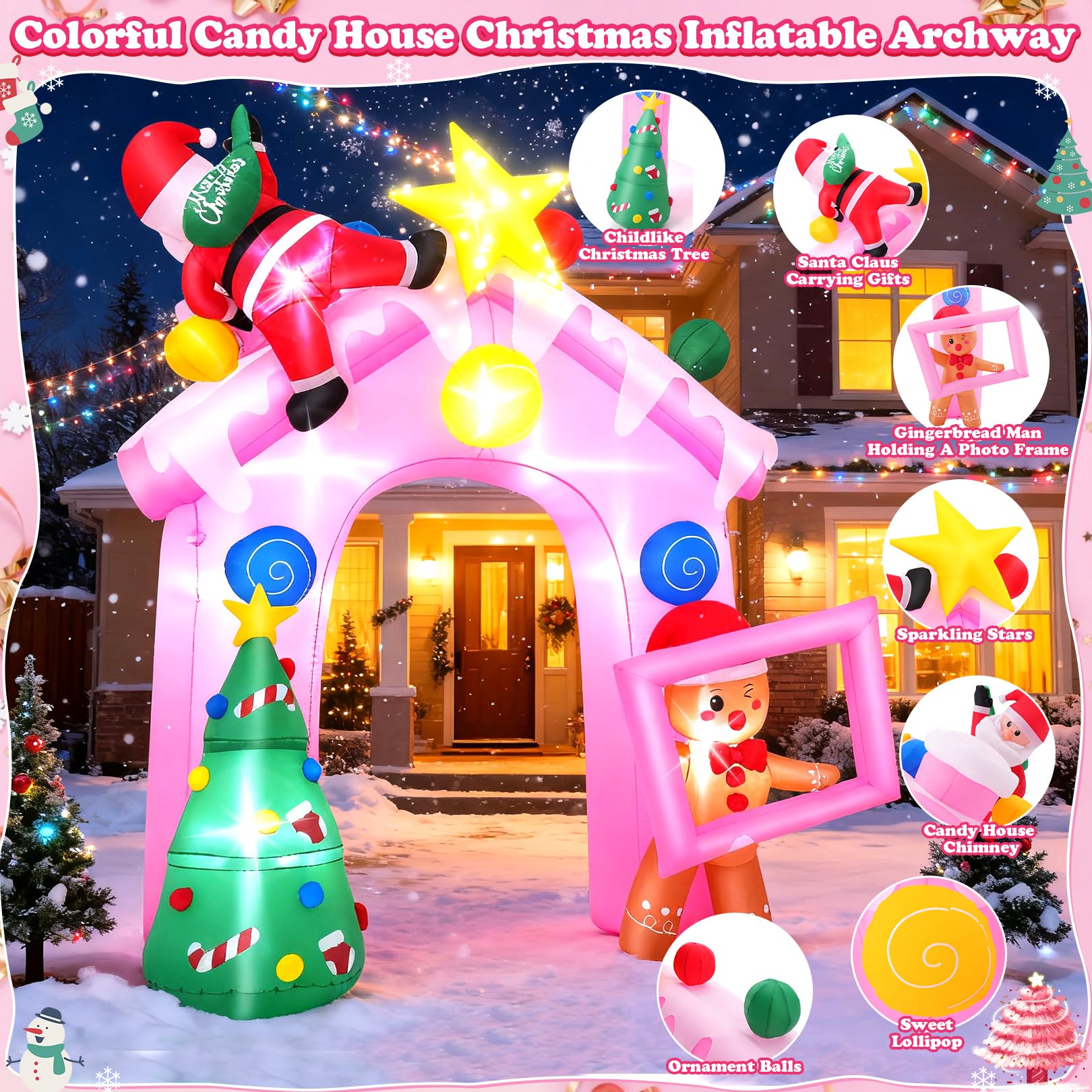 10 FT Pink Christmas Inflatable Archway with Build-in LED Lights, Candy House/Gingerbread Man/Christmas Tree/Santa/Star, Blow Up