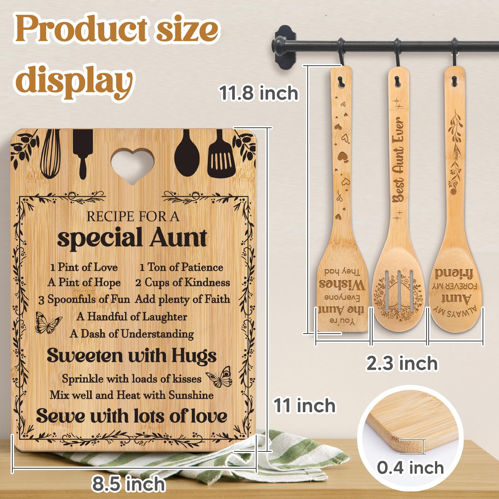 Gifts for Aunt -  Recipe for a Special Aunt  Aunt Birthday Gifts Cutting Board Set, Bamboo-Made Engraved Utensil Set, Aunt Chris
