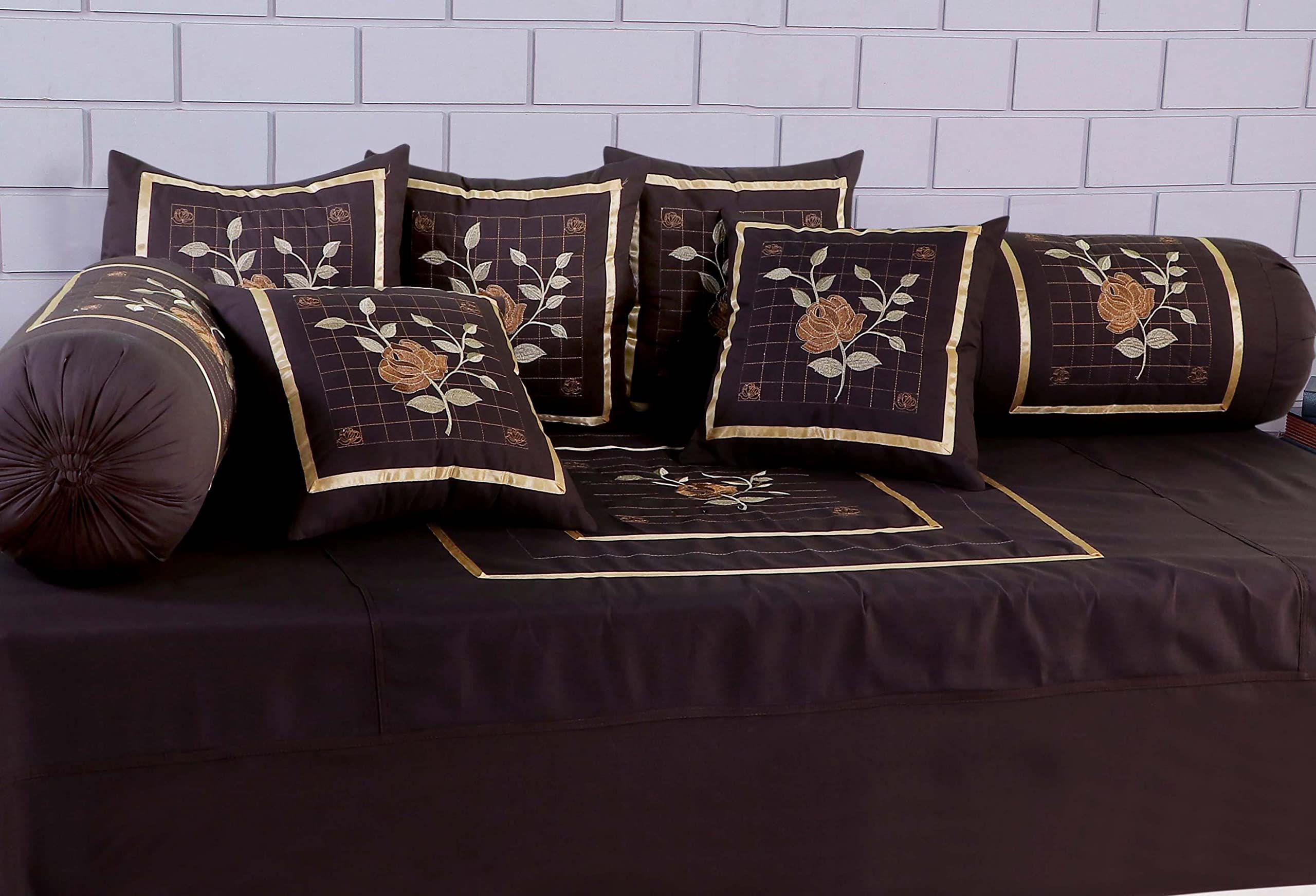 Rj Products Designer Embroidery Diwan Set Of 8 Pieces Brown Color