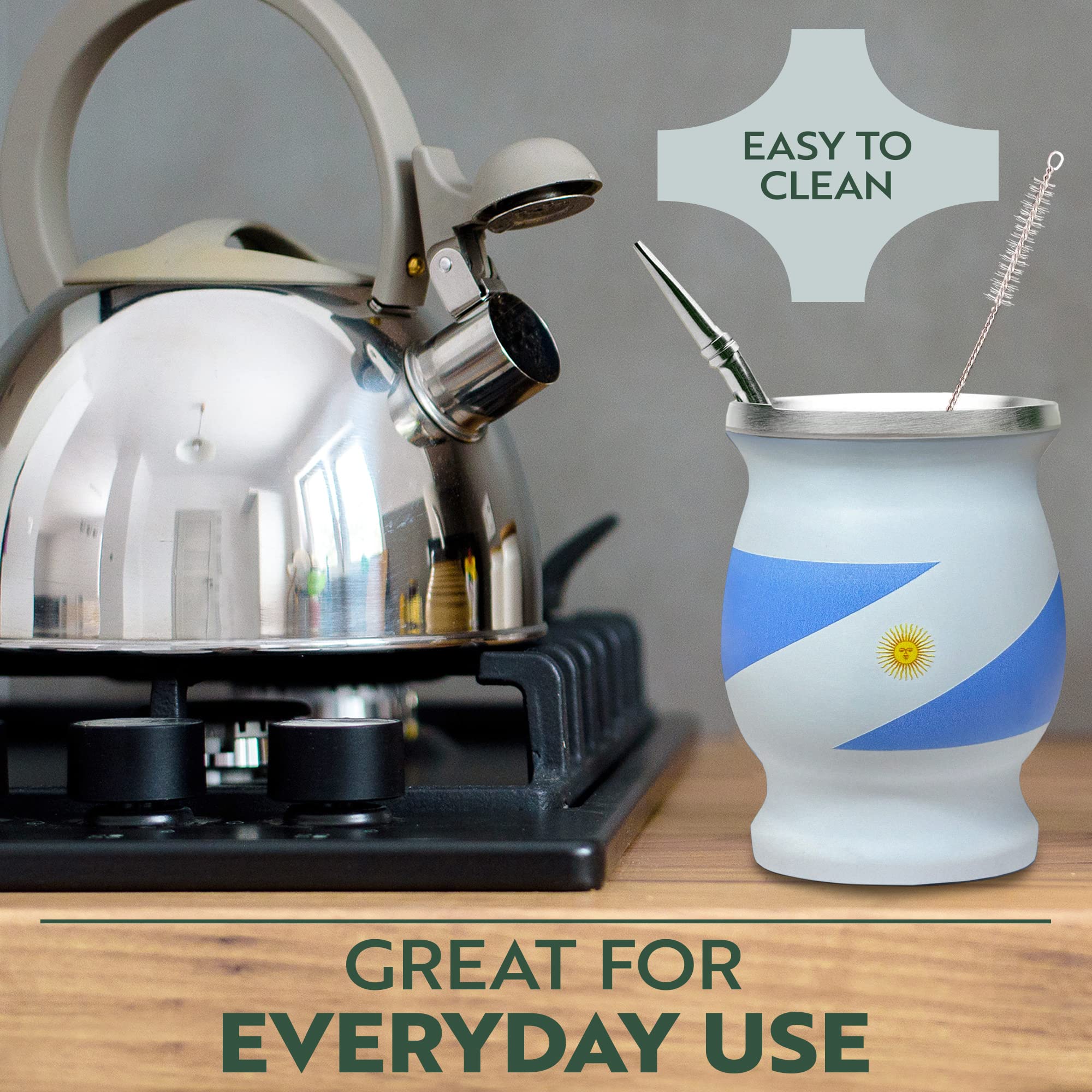 Norte Yerba Mate Natural Gourd/Tea Cup Set Argentinian Flag/Argentina, Includes 2 Bombillas (Yerba Mate Straws) & Cleaning Brush