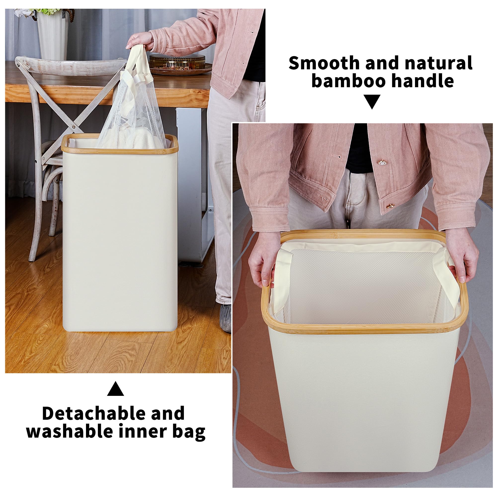 Iegrow Slim Laundry Hamper,75L Beige Narrow Laundry Basket With Lid,Foldable Clothes Hamper With Bamboo Handles,Hamper Basket Wi