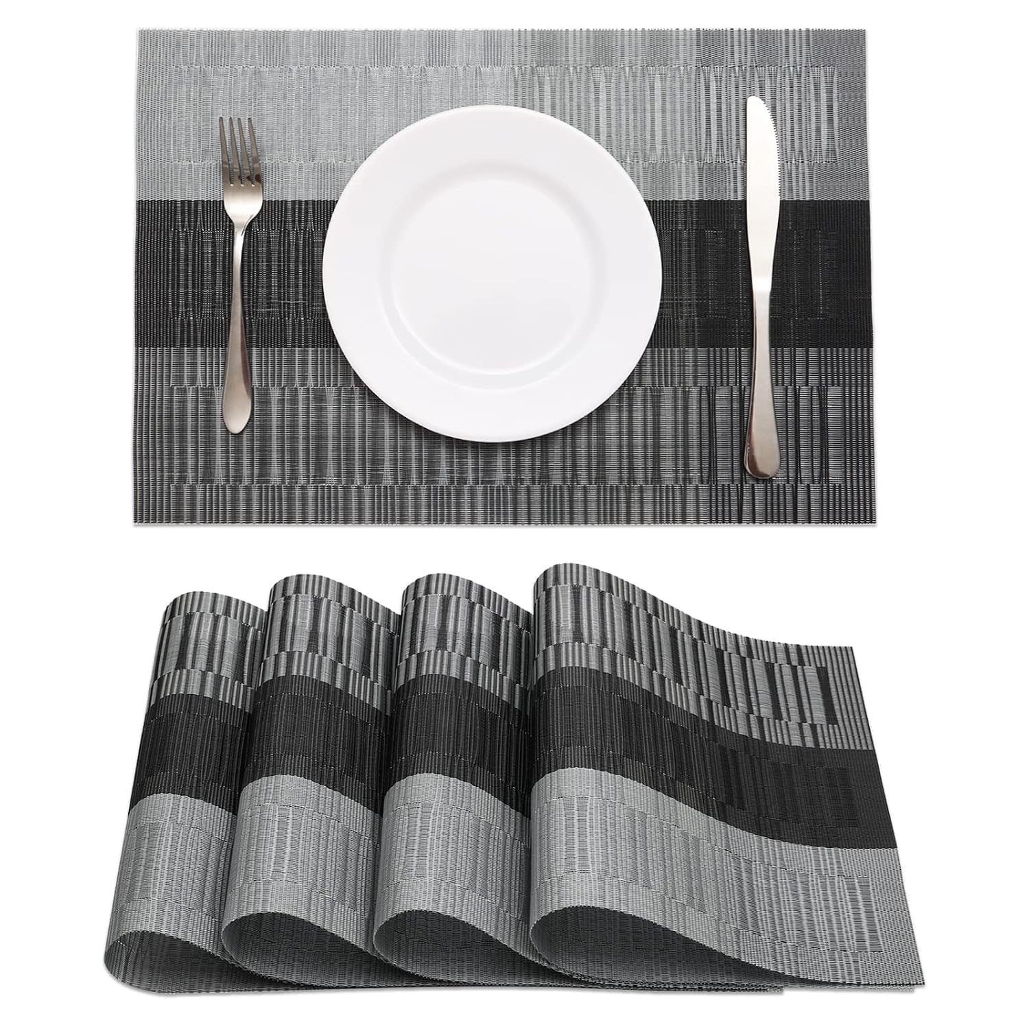 Sertolek Placemats Set For Dining Table, Black Grey Striped Table Mats Kitchen Dining Room Home Decor, Woven Style Table Place M