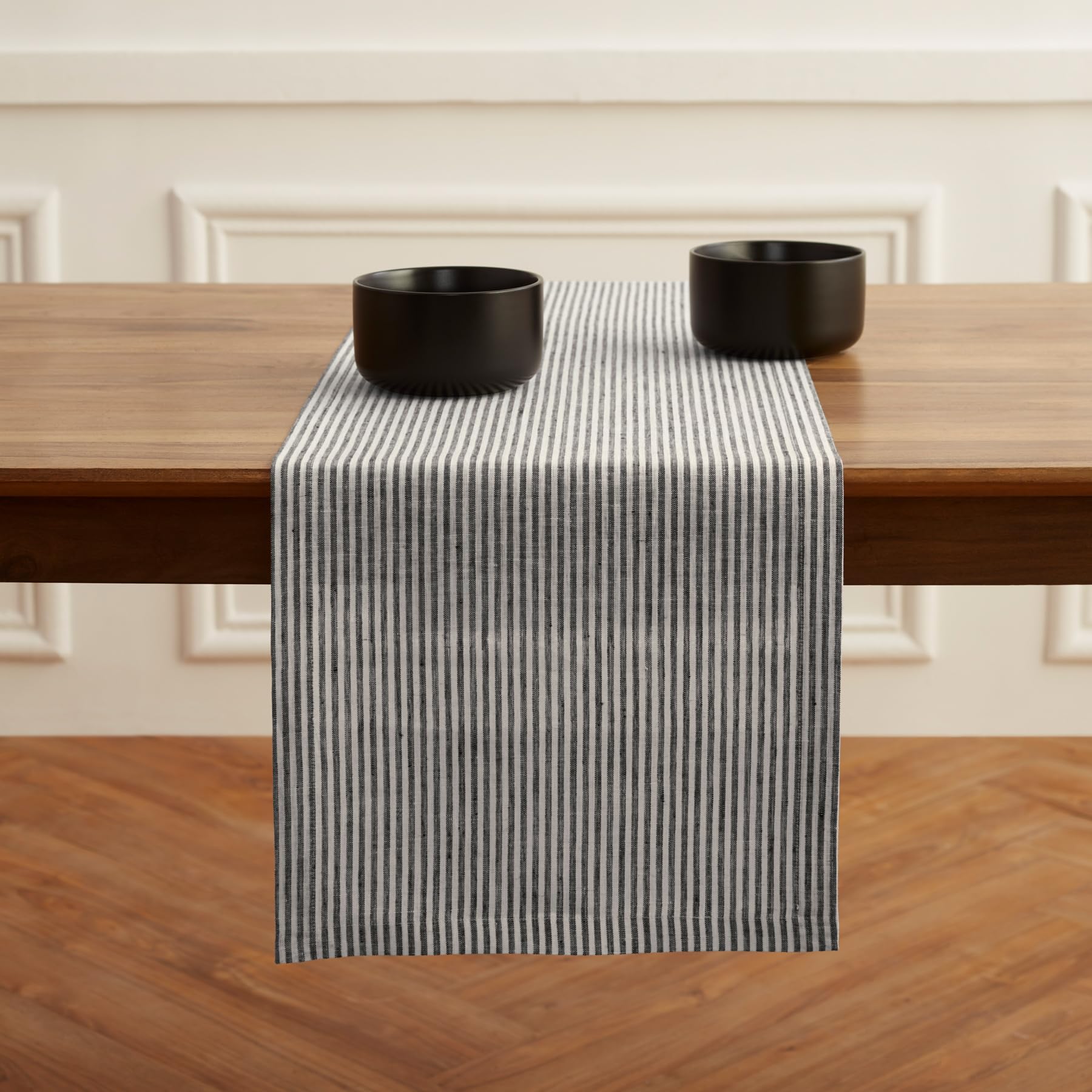 Solino Home Stripe Linen Table Runner 36 Inch - 100% Pure Linen Black And White Short Table Runner 14 X 36 Inch Ideal For Dresse